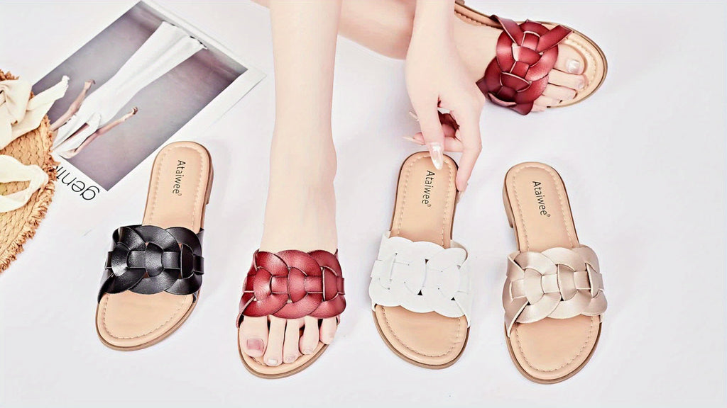 Women's Braided Flat Slide Sandals - Chic Round Toe Cover Strap, Easy Slip-On Rubber Sole Summer Shoes., Women Shoes