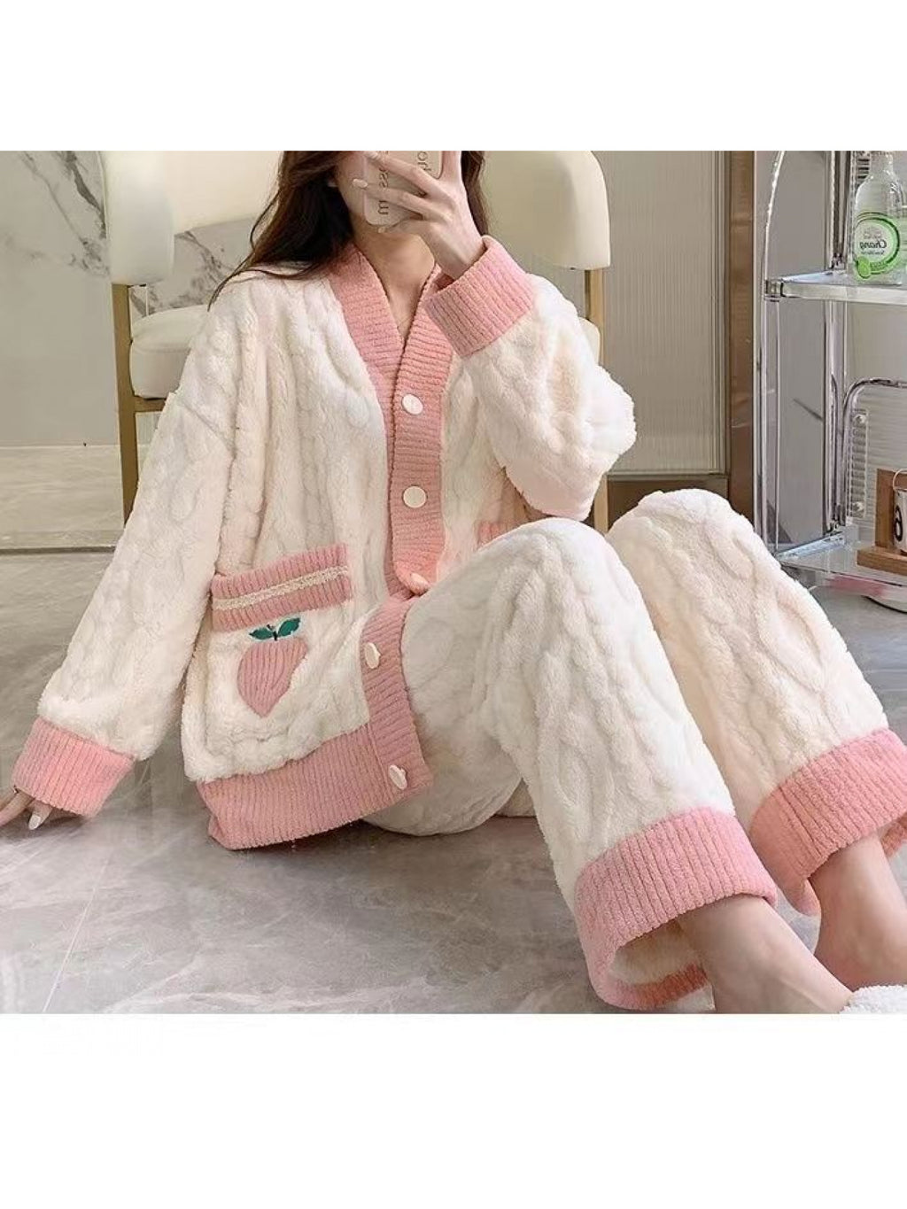 Coral Fleece Women, Autumn and Winter 2024 New Thickened and Fleece Peach Flannel Winter Homewear, Cozy Homewear, Cold Weather Clothing, Geometric Pattern, Casual Loungewear, Warm Fleece Lining, Thickened Fabric, Winter Pajamas, Fleece Pants