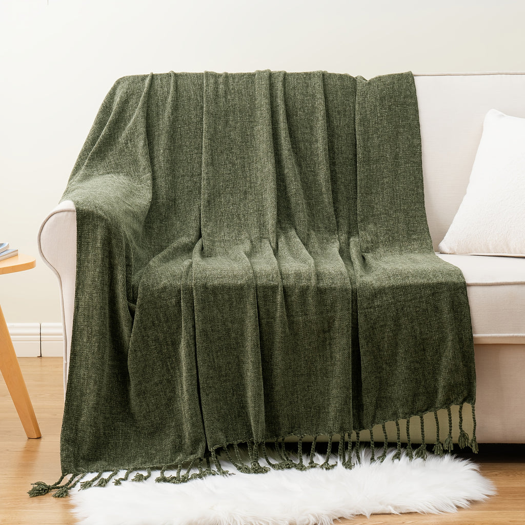 Extra Large Olive Green Chenille Throw Blanket - Luxury Soft & Cozy Fringe Tassel Edge, All-Season Couch Bedspread - Elegant Modern Home Decor in Olive Green