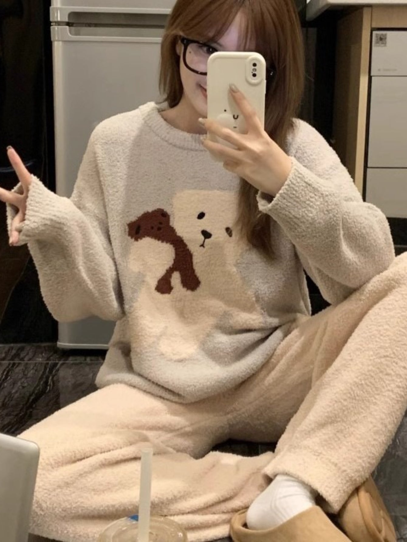 Women'S Winter Bear Pajama Set, Comfortable Half-Pile Coral Fleece Lounge Outfit