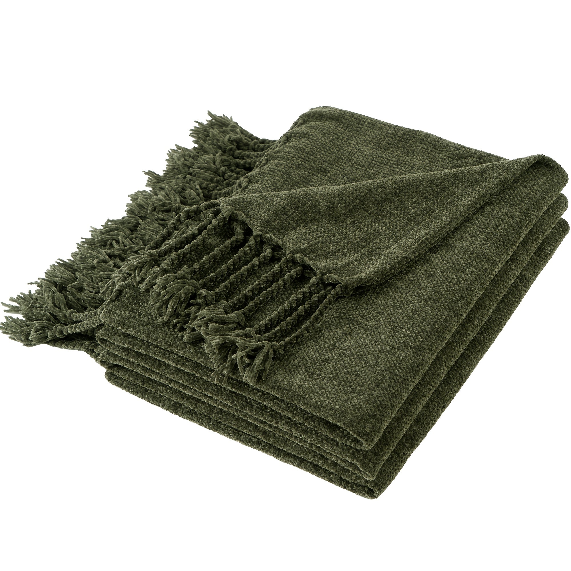Extra Large Olive Green Chenille Throw Blanket - Luxury Soft & Cozy Fringe Tassel Edge, All-Season Couch Bedspread - Elegant Modern Home Decor in Olive Green