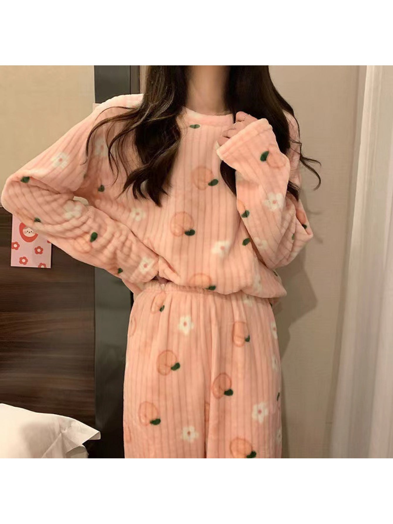 Peach Cute Bear Crescent Warm Pajamas Coral Fleece | 2026 New Autumn Winter Thickened Homewear Two-Piece Set, Crew Neck, Elegant Style