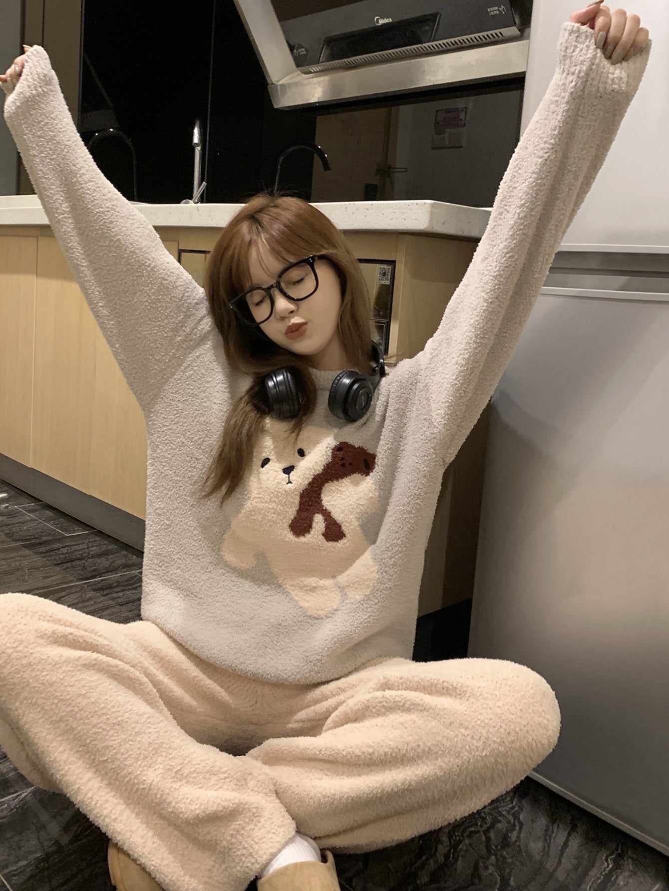 Women'S Winter Bear Pajama Set, Comfortable Half-Pile Coral Fleece Lounge Outfit