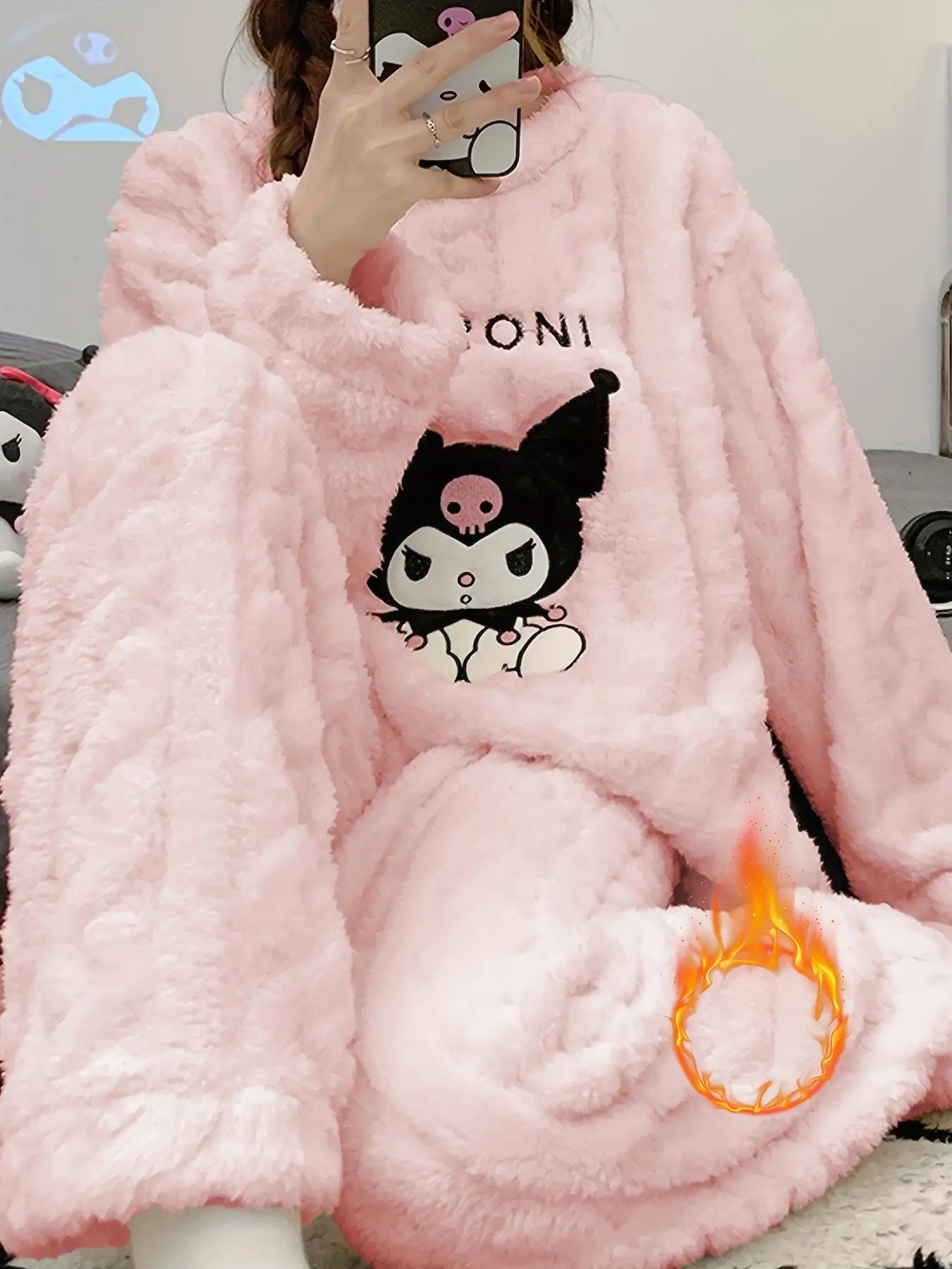 Sanrio Plus Size Fall And Winter Women'S Pajamas Featuring Adorable Kuromi Embroidery. This Cozy Homewear Set Includes Long Sleeves And Pants, Perfect for Different Occasions, Made from Warm And Soft Coral Fleece Jacquard