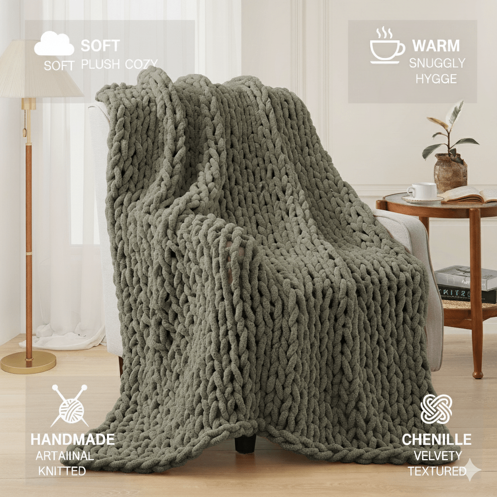 50*60inch Chunky Knitted Blanket, 100% Hand Woven Soft Chenille Blanket Handmade Thick Thread Knitted Crochet Blanket Sofa Home Decoration, Large Knot Blanket Farmhouse Blanket