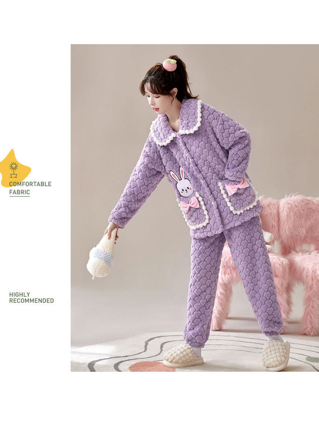 2025 New Thick Coral Fleece Pajamas for Women, Perfect for Autumn And Winter, Featuring a Cute Bunny Design for Cozy Home Wear