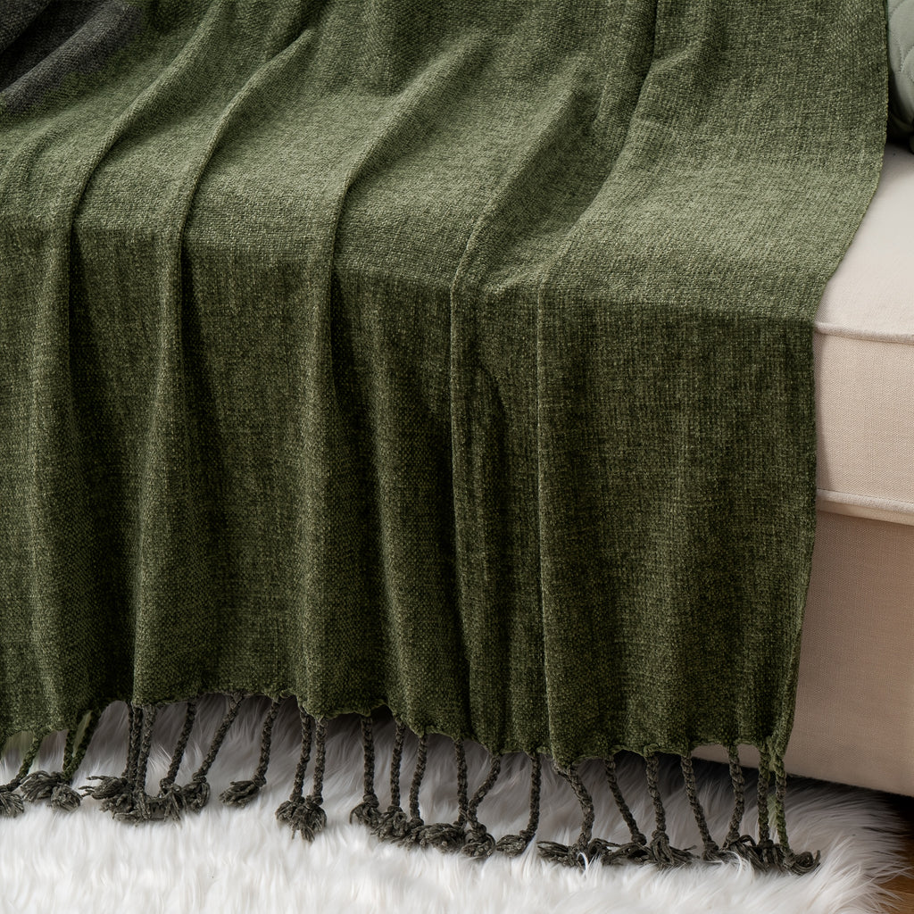 Extra Large Olive Green Chenille Throw Blanket - Luxury Soft & Cozy Fringe Tassel Edge, All-Season Couch Bedspread - Elegant Modern Home Decor in Olive Green