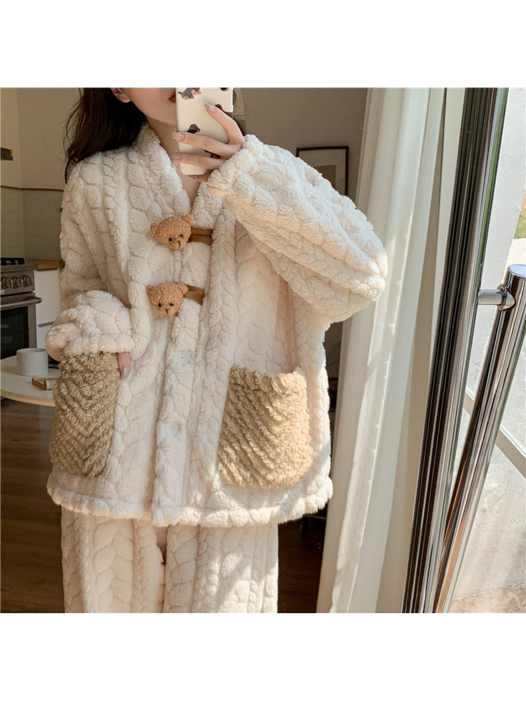 2025 Women'S Coral Fleece Pajamas, Suitable for Autumn And Winter, Thick And Lined with Fleece, Cozy Flannel, Milky White Winter Loungewear