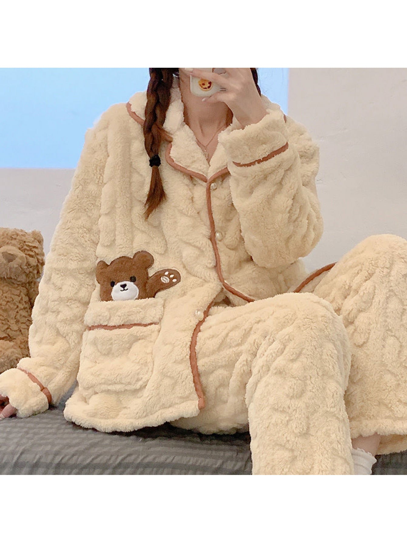 2025 Women'S Coral Fleece Pajamas, Suitable for Autumn And Winter, Thick And Lined with Fleece, Cozy Flannel, Milky White Winter Loungewear