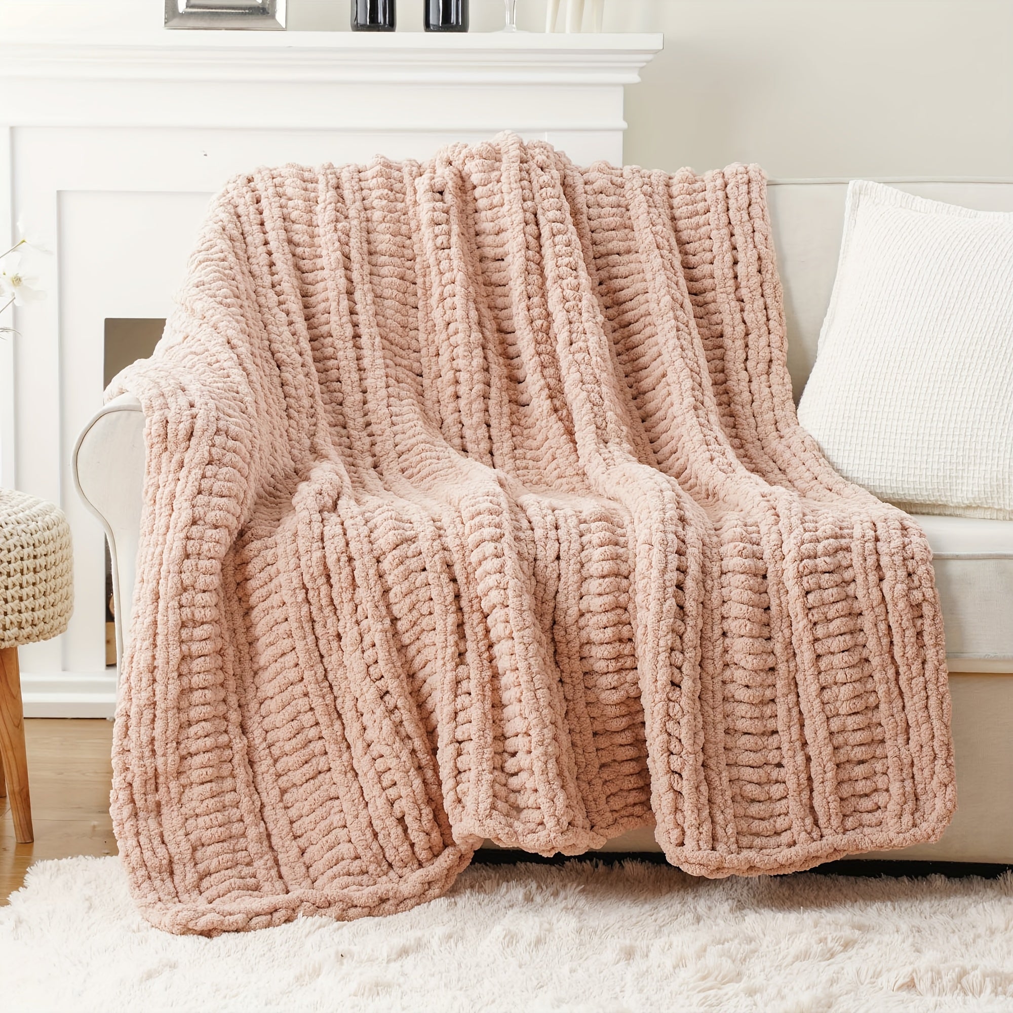 Caramel Rust Chunky Throw Blanket, Handmade Cable Crochet Blanket for Couch, Fall Orange Chenille Blanket Throw for Fall Decor, Super Soft Thick Textured Blankets, 50\