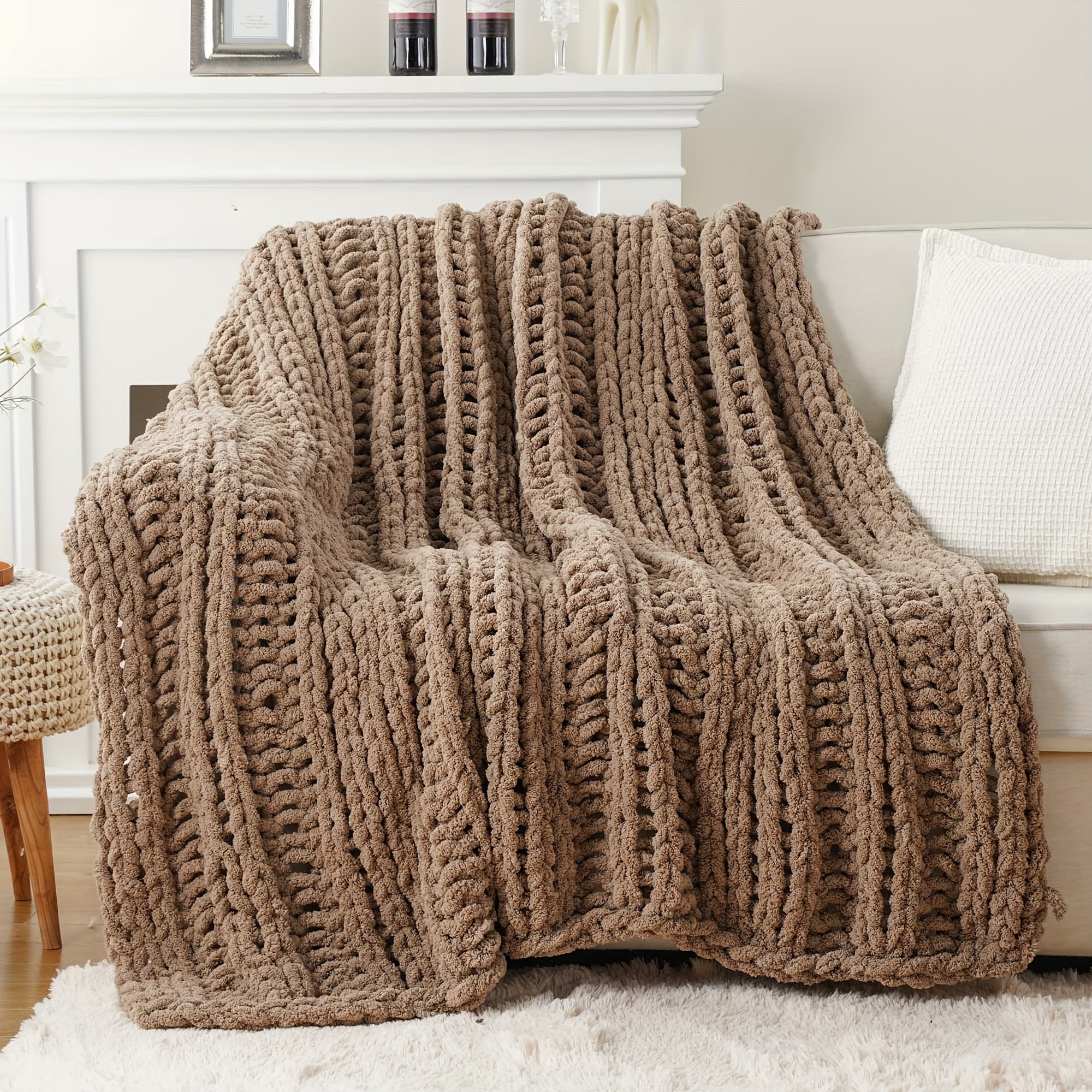 Caramel Rust Chunky Throw Blanket, Handmade Cable Crochet Blanket for Couch, Fall Orange Chenille Blanket Throw for Fall Decor, Super Soft Thick Textured Blankets, 50\