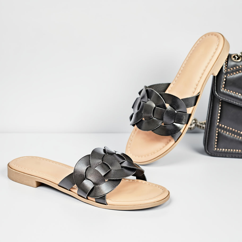 Women's Braided Flat Slide Sandals - Chic Round Toe Cover Strap, Easy Slip-On Rubber Sole Summer Shoes., Women Shoes