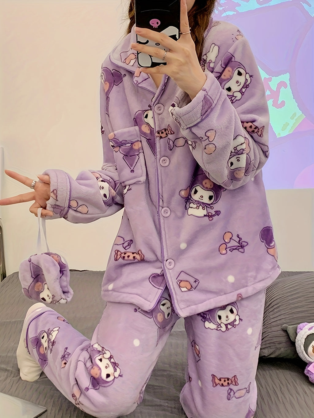 Sanrio Cute Pajamas Set Hello Kitty, Kuromi, Cinnamoroll, My Melody, Pochacco, Thick Coral Fleece Comfortable Cute Pajamas, Comfortable Home Clothes