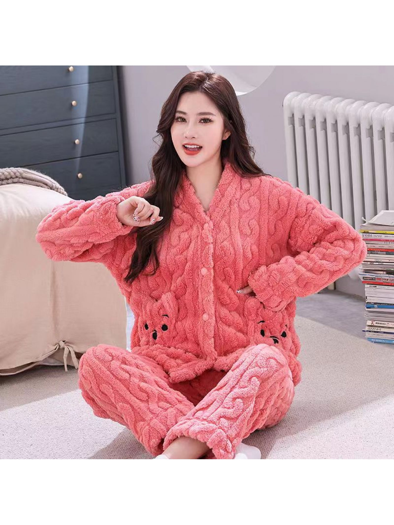 Coral Fleece Women, Autumn and Winter 2024 New Thickened and Fleece Peach Flannel Winter Homewear, Cozy Homewear, Cold Weather Clothing, Geometric Pattern, Casual Loungewear, Warm Fleece Lining, Thickened Fabric, Winter Pajamas, Fleece Pants