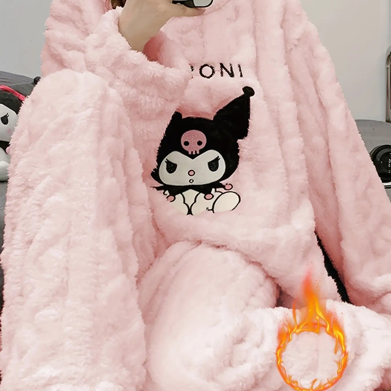 Sanrio Plus Size Fall And Winter Women'S Pajamas Featuring Adorable Kuromi Embroidery. This Cozy Homewear Set Includes Long Sleeves And Pants, Perfect for Different Occasions, Made from Warm And Soft Coral Fleece Jacquard
