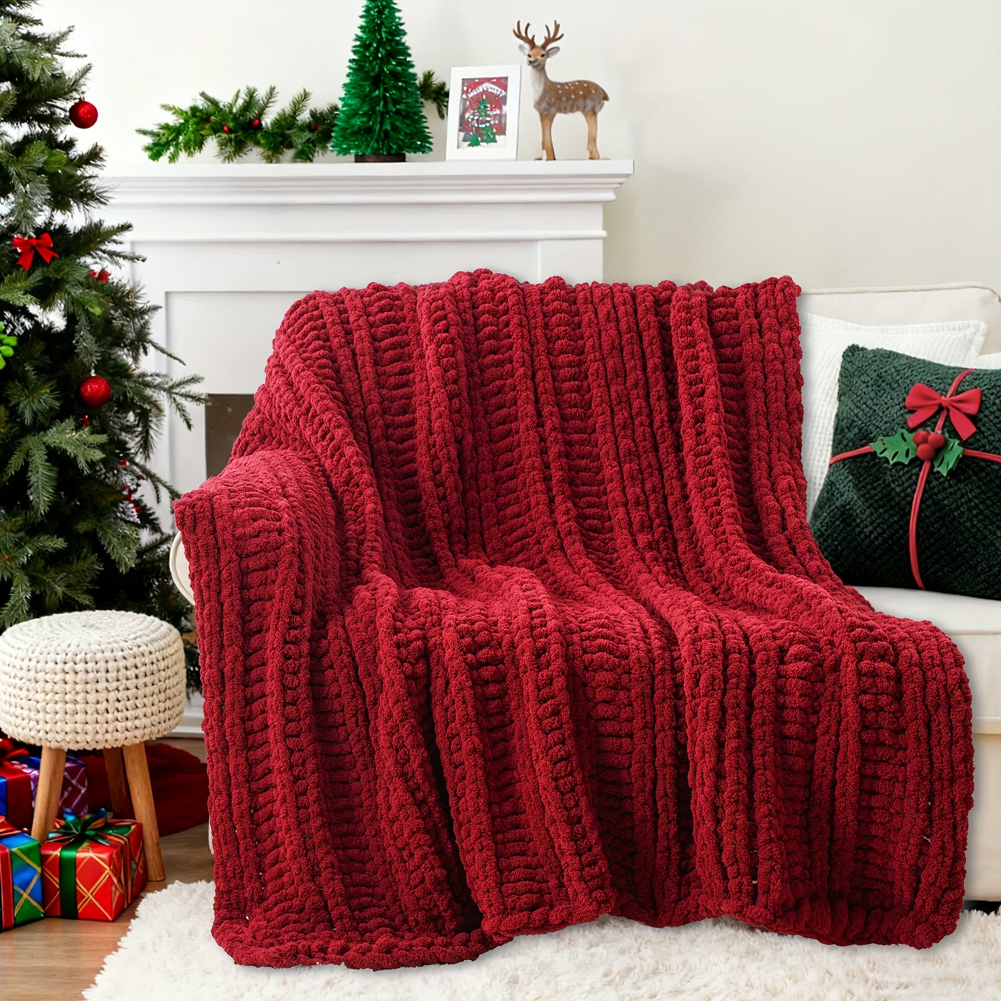 Caramel Rust Chunky Throw Blanket, Handmade Cable Crochet Blanket for Couch, Fall Orange Chenille Blanket Throw for Fall Decor, Super Soft Thick Textured Blankets, 50\