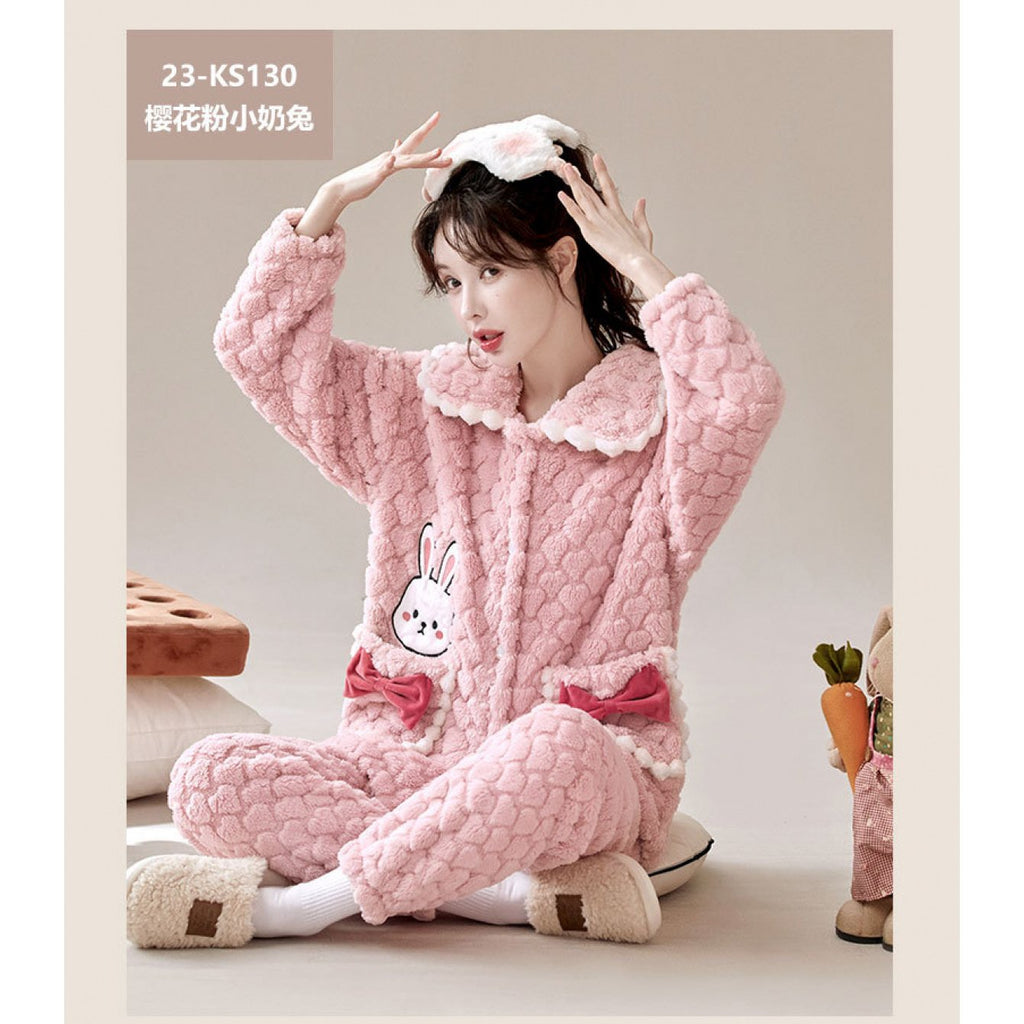 2025 New Thick Coral Fleece Pajamas for Women, Perfect for Autumn And Winter, Featuring a Cute Bunny Design for Cozy Home Wear