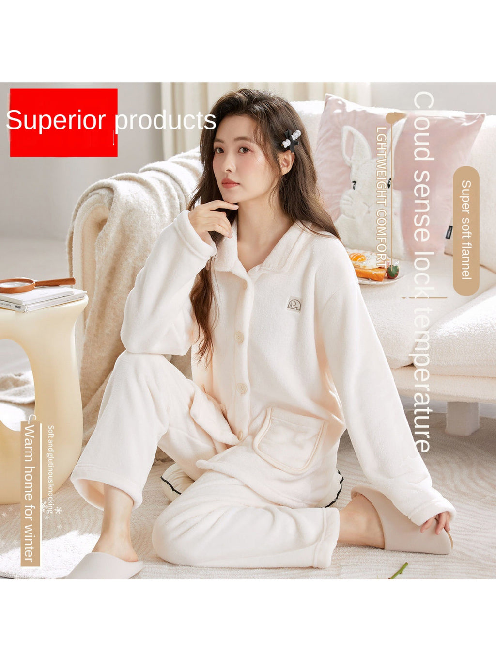 2025 Women'S Coral Fleece Pajamas, Suitable for Autumn And Winter, Thick And Lined with Fleece, Cozy Flannel, Milky White Winter Loungewear