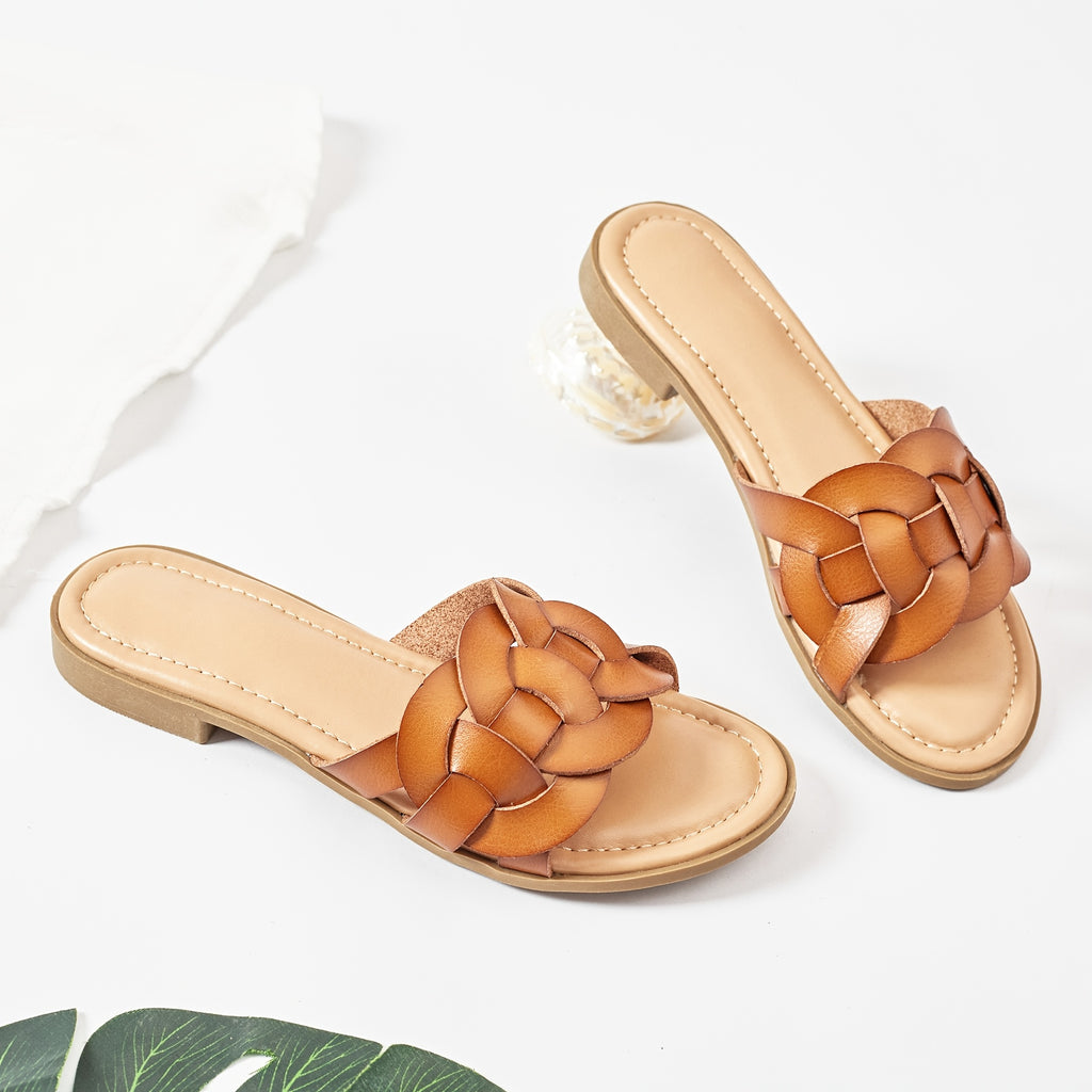 Women's Braided Flat Slide Sandals - Chic Round Toe Cover Strap, Easy Slip-On Rubber Sole Summer Shoes., Women Shoes