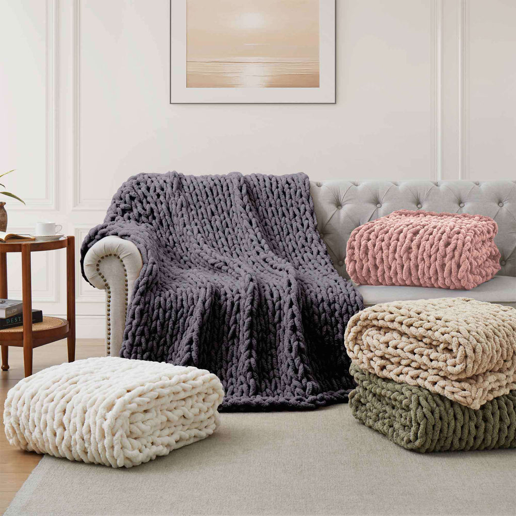 50*60inch Chunky Knitted Blanket, 100% Hand Woven Soft Chenille Blanket Handmade Thick Thread Knitted Crochet Blanket Sofa Home Decoration, Large Knot Blanket Farmhouse Blanket