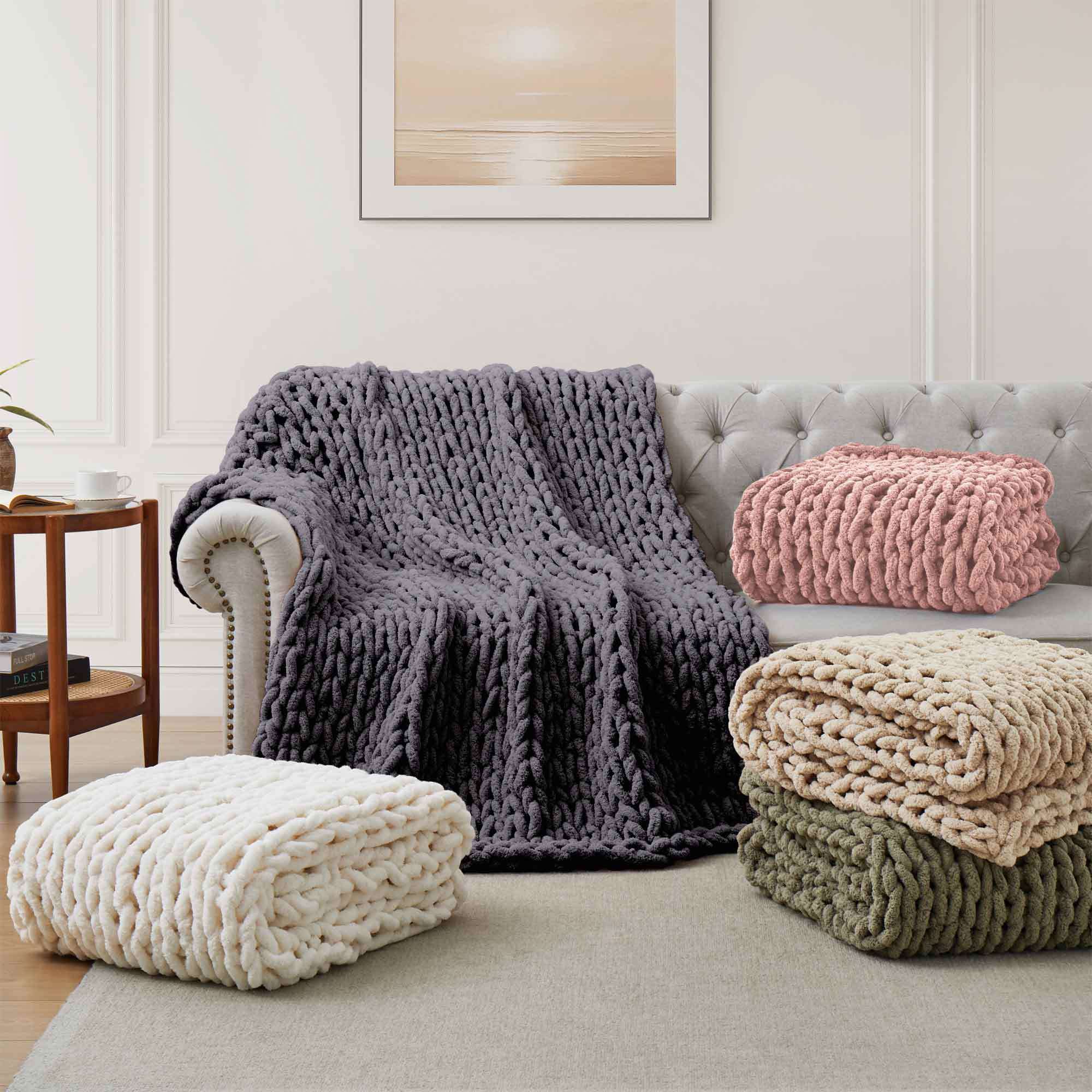 50*60inch Chunky Knitted Blanket, 100% Hand Woven Soft Chenille Blanket Handmade Thick Thread Knitted Crochet Blanket Sofa Home Decoration, Large Knot Blanket Farmhouse Blanket