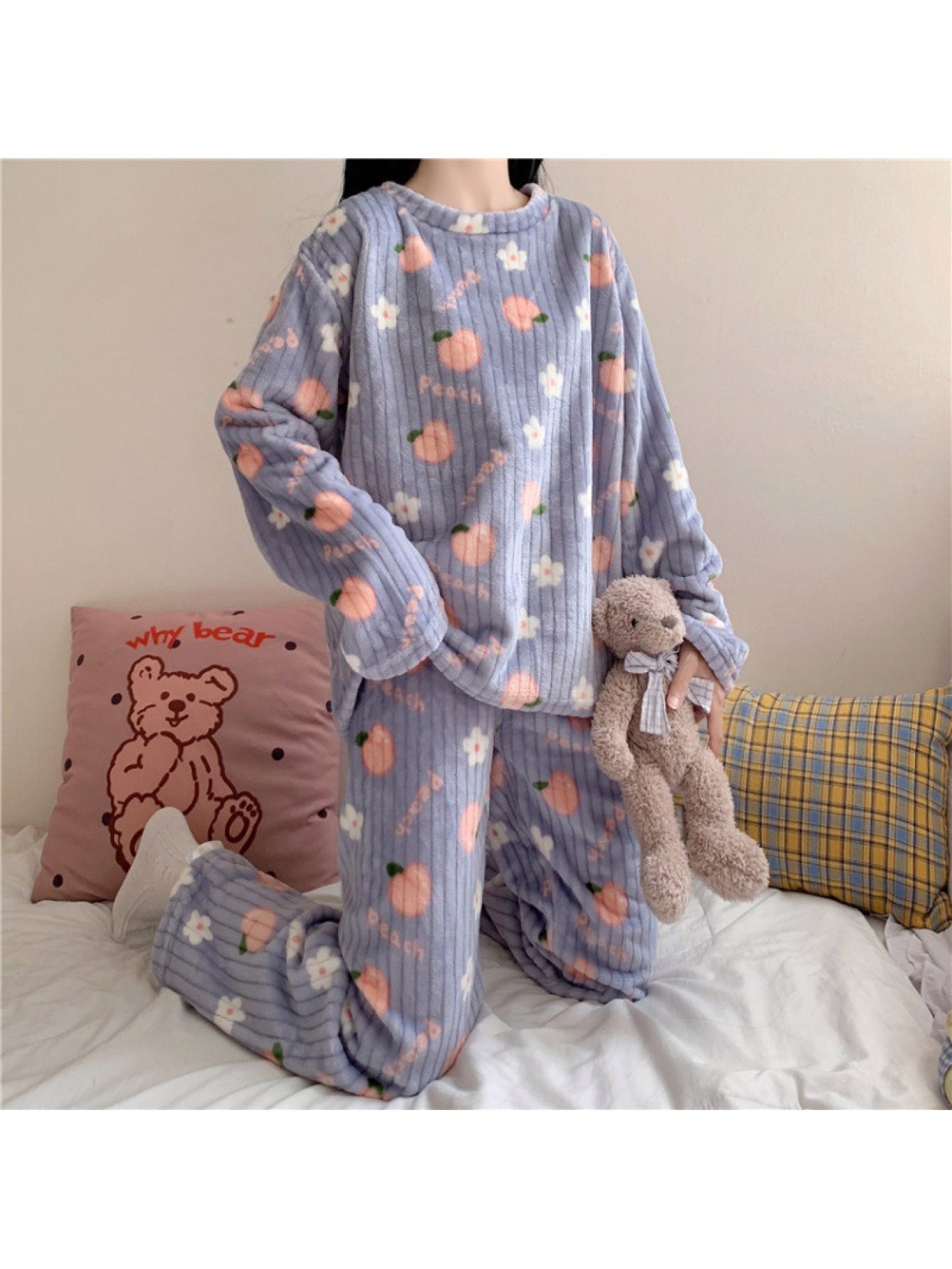 Peach Cute Bear Crescent Warm Pajamas Coral Fleece | 2026 New Autumn Winter Thickened Homewear Two-Piece Set, Crew Neck, Elegant Style