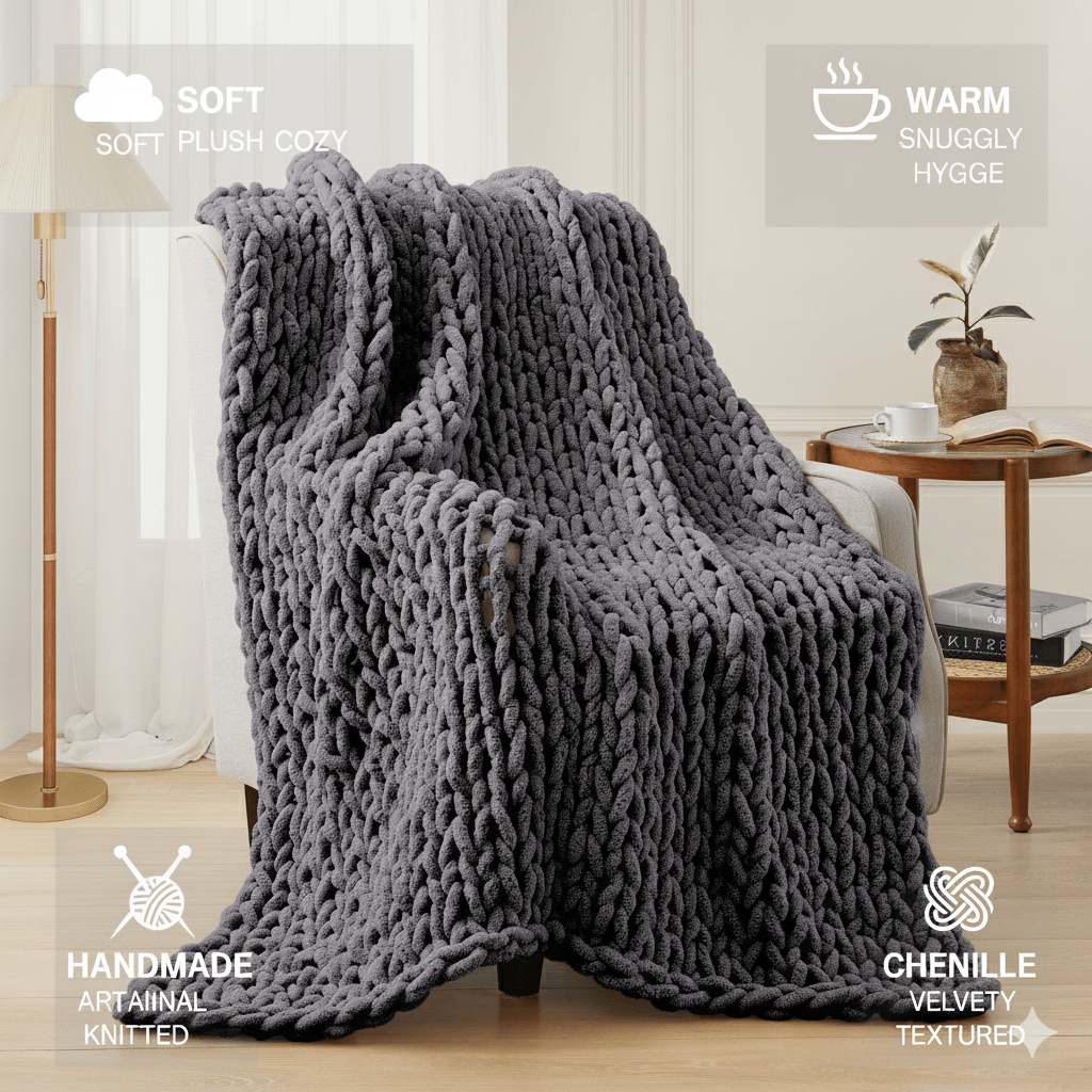50*60inch Chunky Knitted Blanket, 100% Hand Woven Soft Chenille Blanket Handmade Thick Thread Knitted Crochet Blanket Sofa Home Decoration, Large Knot Blanket Farmhouse Blanket