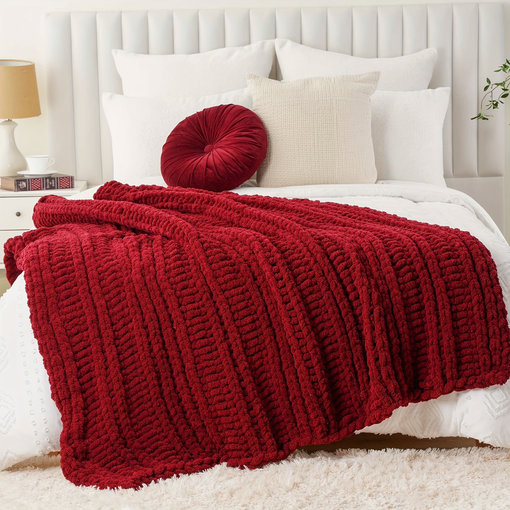 Caramel Rust Chunky Throw Blanket, Handmade Cable Crochet Blanket for Couch, Fall Orange Chenille Blanket Throw for Fall Decor, Super Soft Thick Textured Blankets, 50\