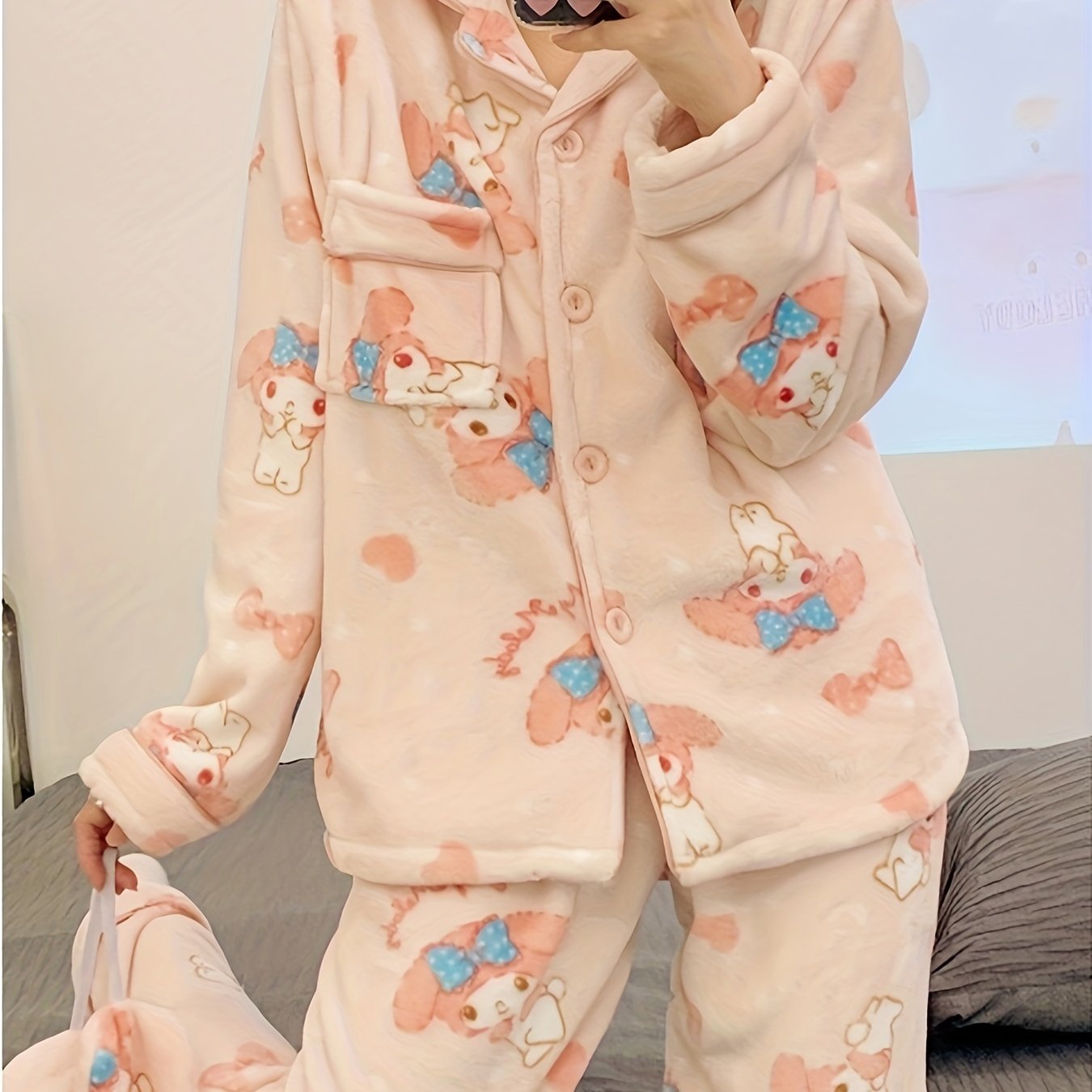 Sanrio Cute Pajamas Set Hello Kitty, Kuromi, Cinnamoroll, My Melody, Pochacco, Thick Coral Fleece Comfortable Cute Pajamas, Comfortable Home Clothes