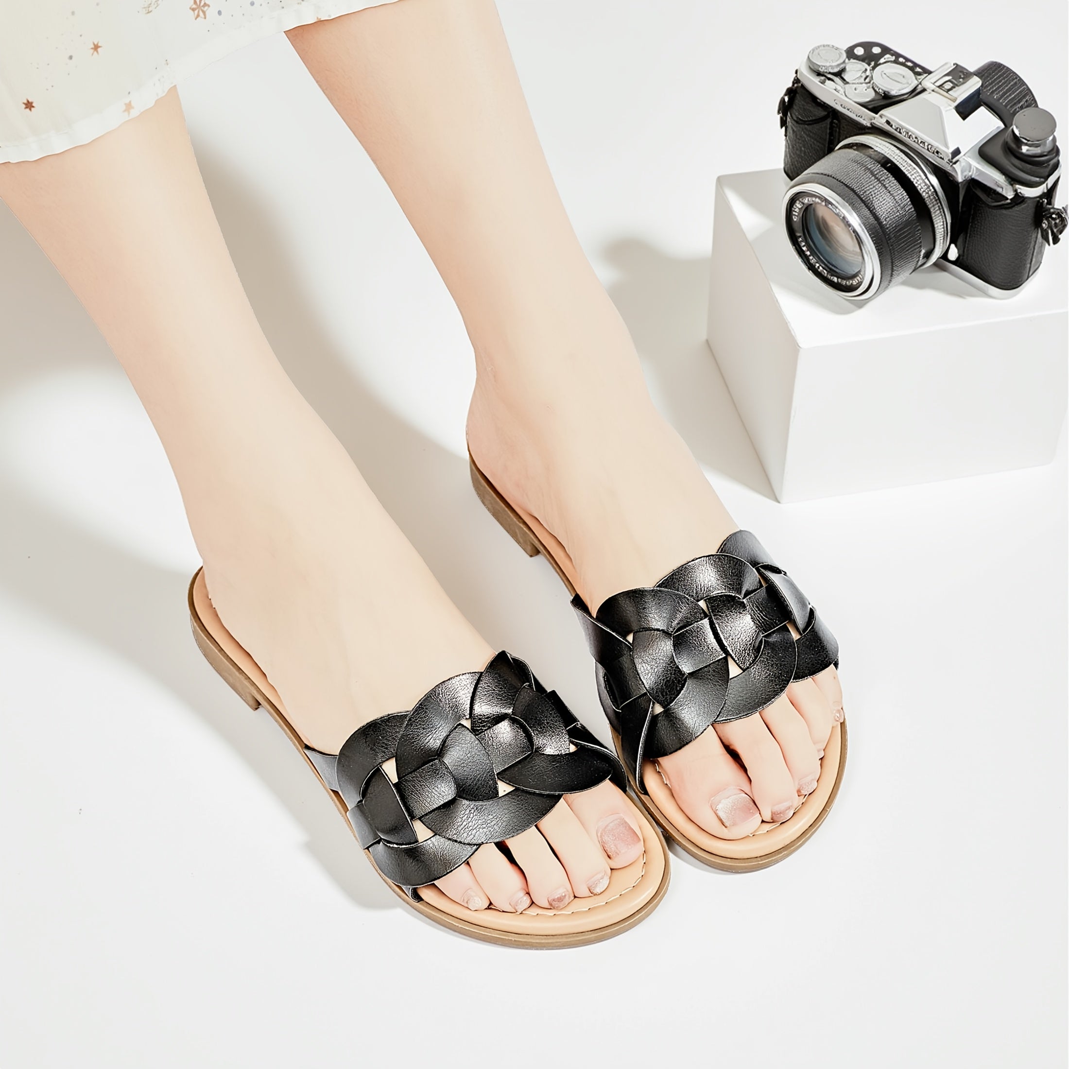 Women's Braided Flat Slide Sandals - Chic Round Toe Cover Strap, Easy Slip-On Rubber Sole Summer Shoes., Women Shoes