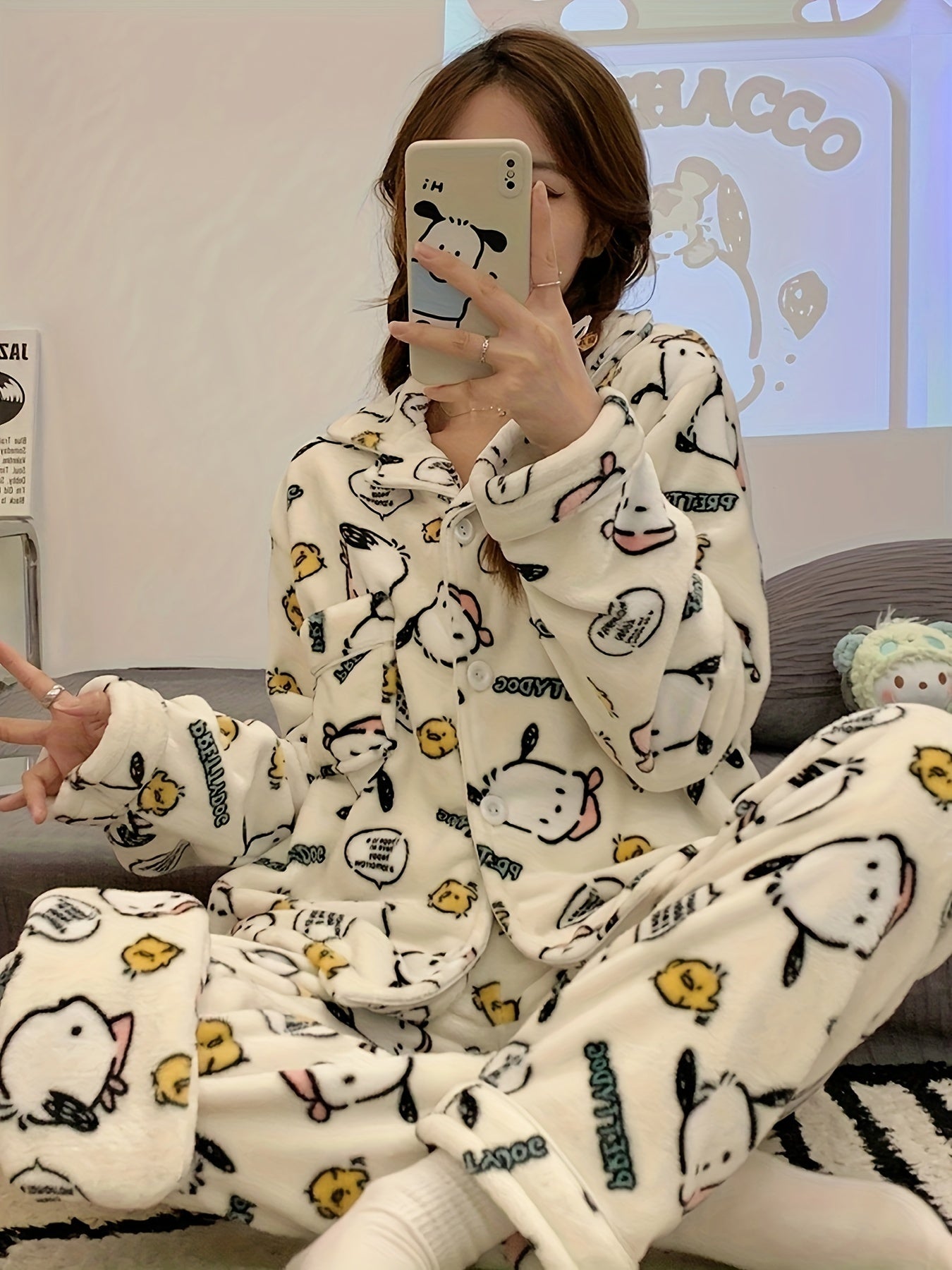 Sanrio Cute Pajamas Set Hello Kitty, Kuromi, Cinnamoroll, My Melody, Pochacco, Thick Coral Fleece Comfortable Cute Pajamas, Comfortable Home Clothes