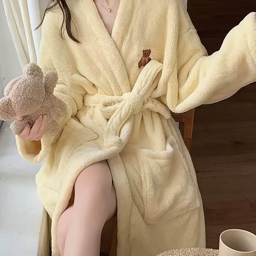 Women'S Winter Hooded Pajamas - Thick Coral Fleece with Bear Hood, Long Sleeves, Cozy Loungewear, Side Pockets, Perfect for Women Gifts and Special Occasions, Warm Scarf, Soft Fabric, Fun Design, Great for Staying Home, Casual Nightwear