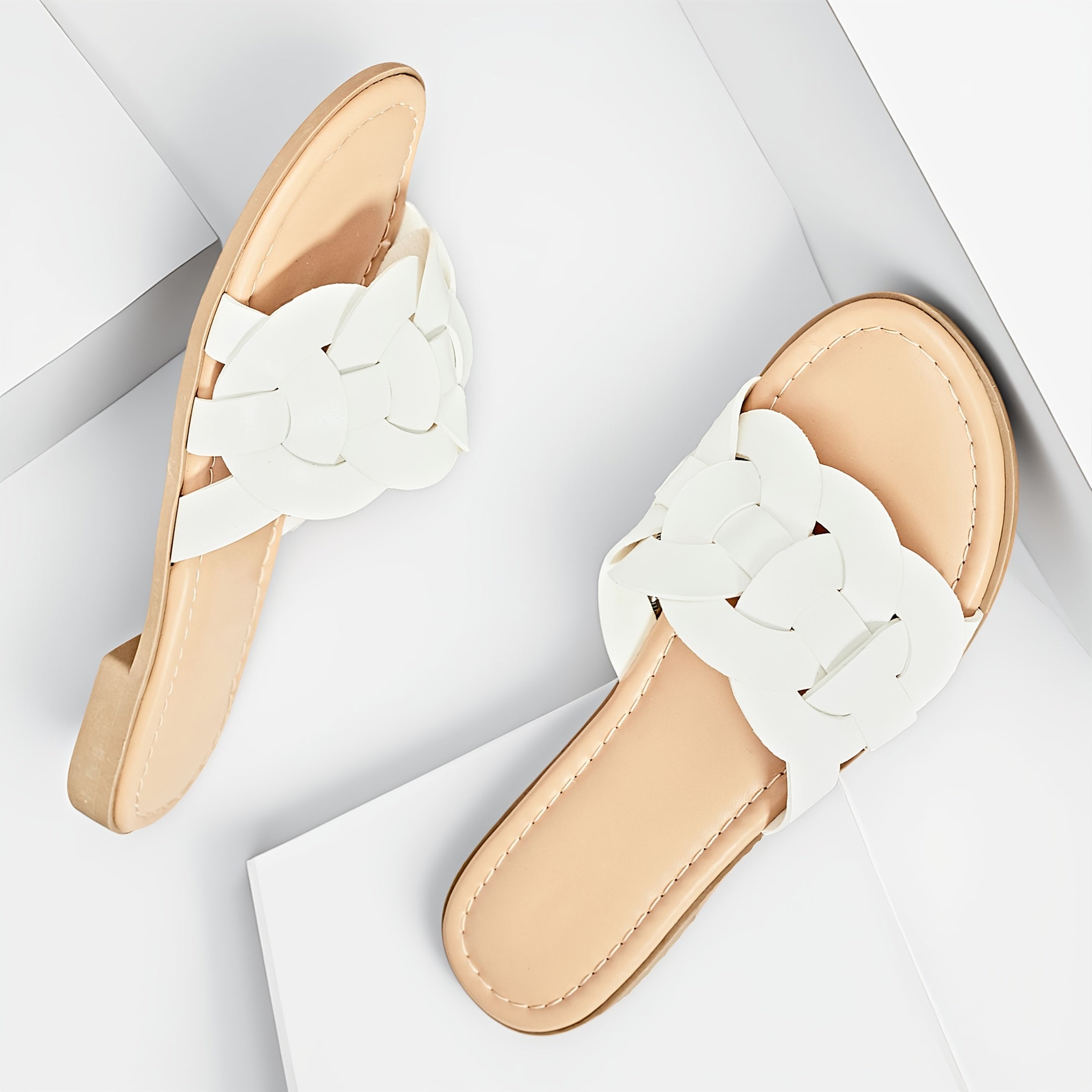 Women's Braided Flat Slide Sandals - Chic Round Toe Cover Strap, Easy Slip-On Rubber Sole Summer Shoes., Women Shoes