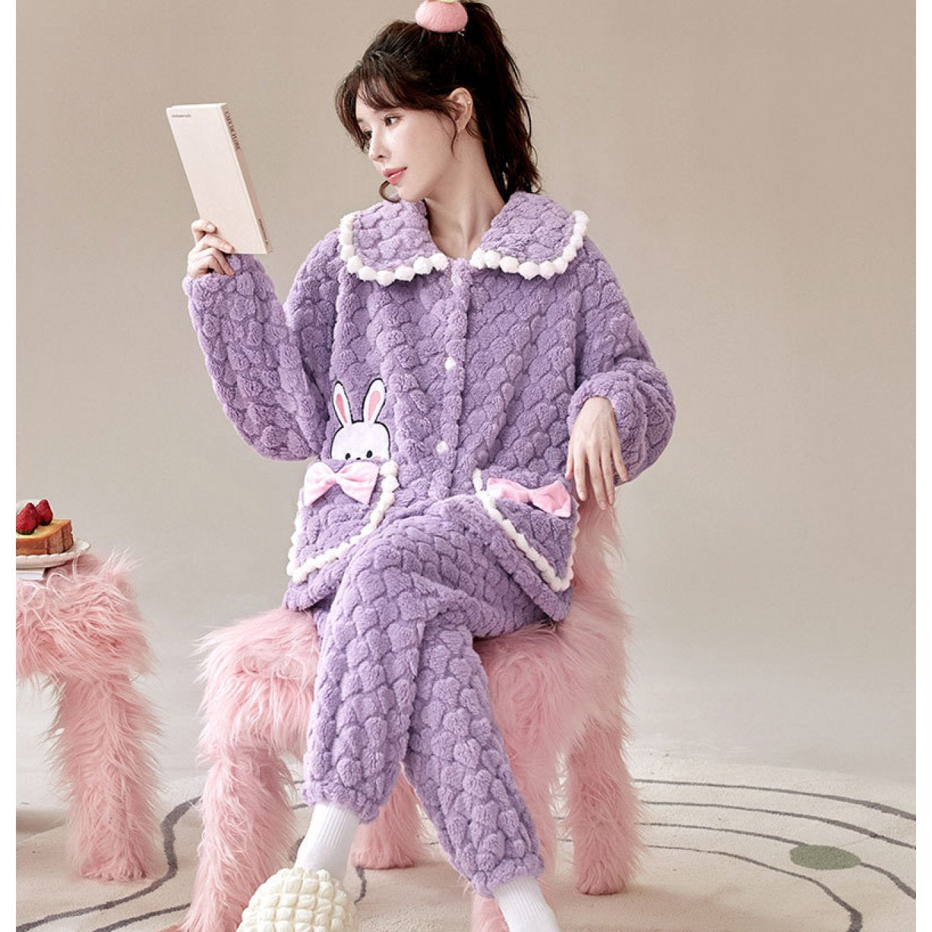2025 New Thick Coral Fleece Pajamas for Women, Perfect for Autumn And Winter, Featuring a Cute Bunny Design for Cozy Home Wear