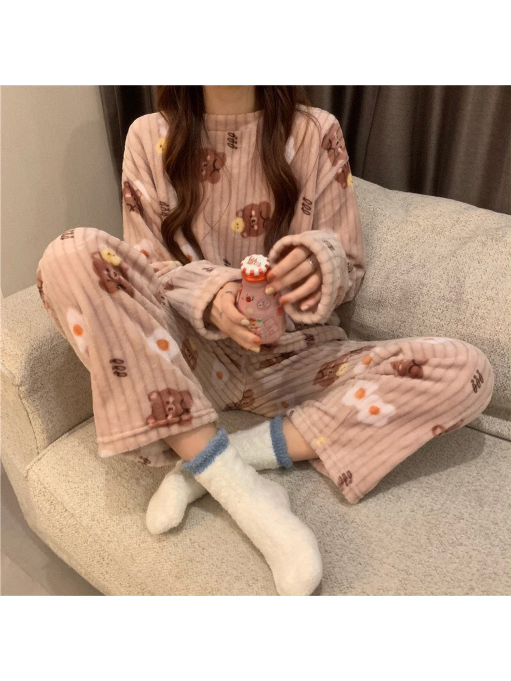 Peach Cute Bear Crescent Warm Pajamas Coral Fleece | 2026 New Autumn Winter Thickened Homewear Two-Piece Set, Crew Neck, Elegant Style