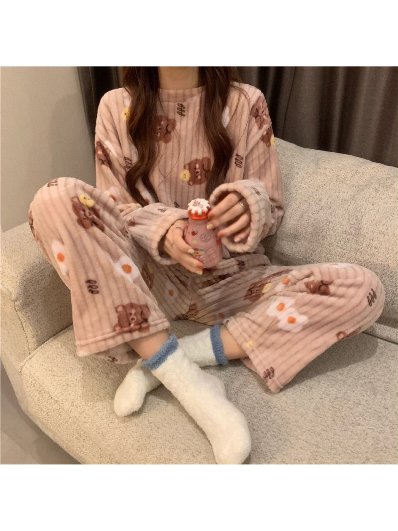 Peach Cute Bear Crescent Warm Pajamas Coral Fleece | 2026 New Autumn Winter Thickened Homewear Two-Piece Set, Crew Neck, Elegant Style