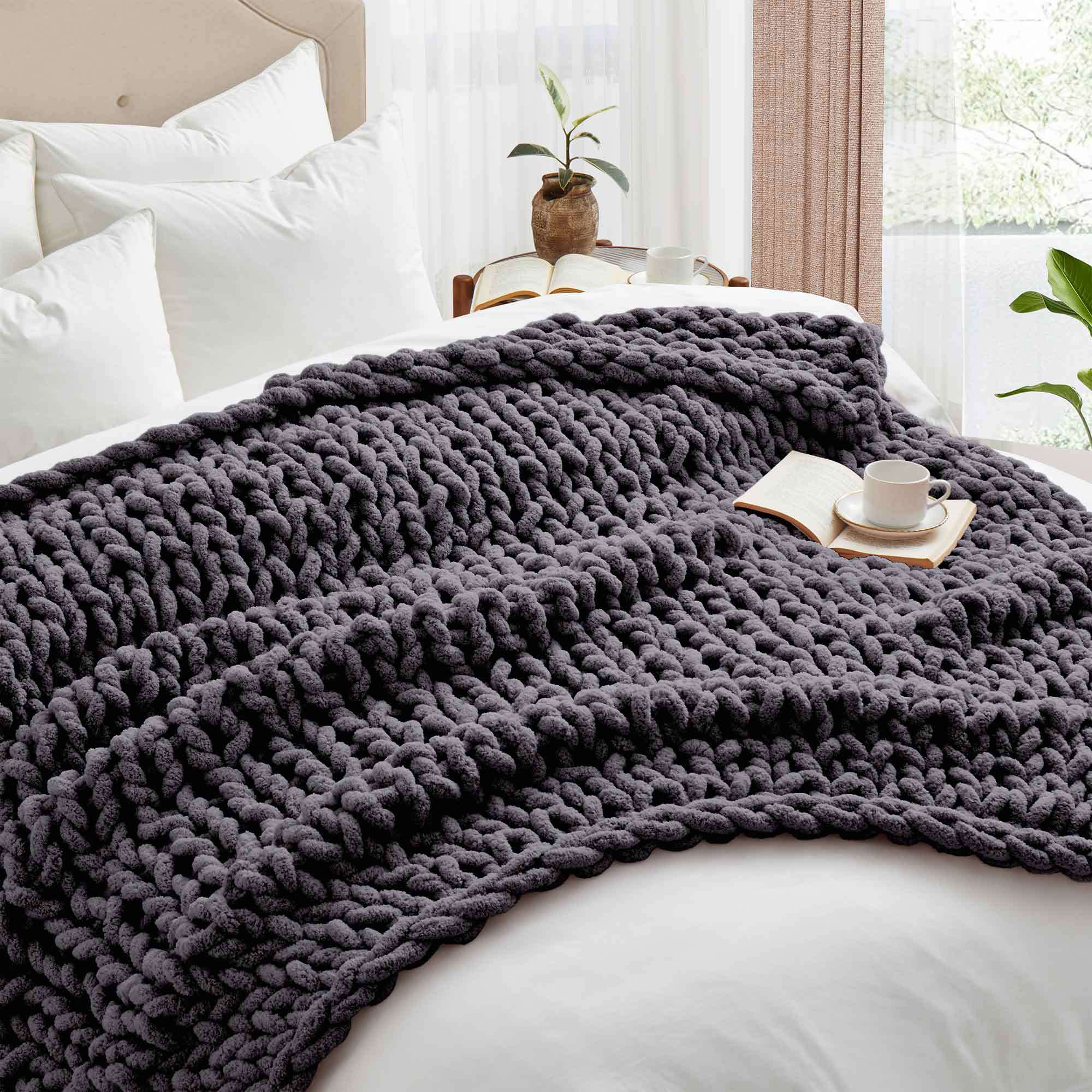 50*60inch Chunky Knitted Blanket, 100% Hand Woven Soft Chenille Blanket Handmade Thick Thread Knitted Crochet Blanket Sofa Home Decoration, Large Knot Blanket Farmhouse Blanket