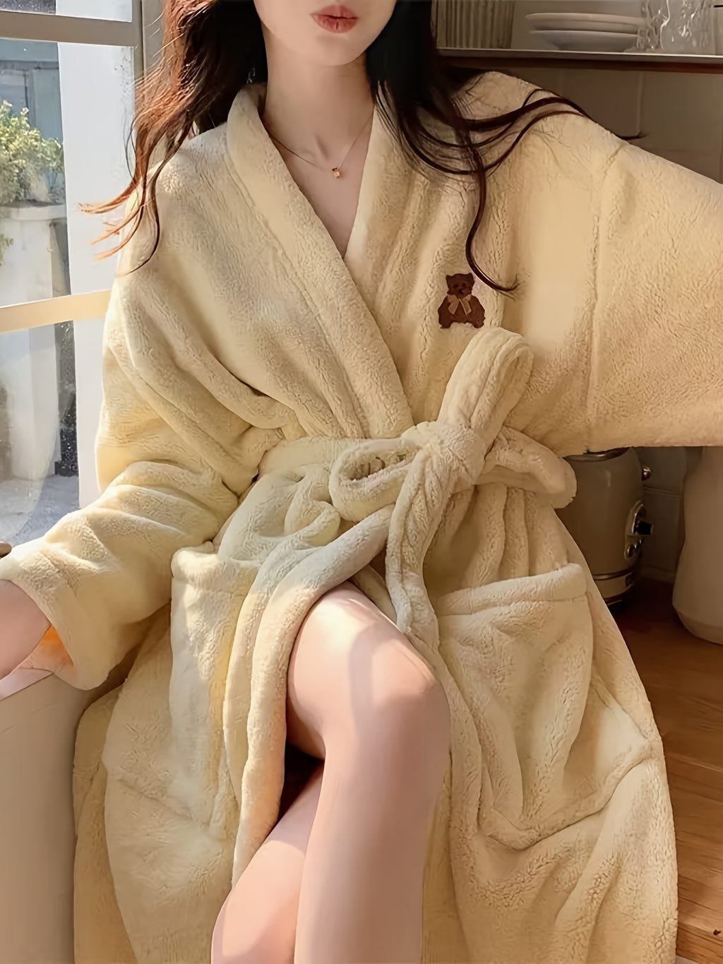 Women'S Winter Hooded Pajamas - Thick Coral Fleece with Bear Hood, Long Sleeves, Cozy Loungewear, Side Pockets, Perfect for Women Gifts and Special Occasions, Warm Scarf, Soft Fabric, Fun Design, Great for Staying Home, Casual Nightwear