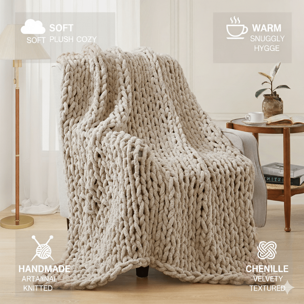 50*60inch Chunky Knitted Blanket, 100% Hand Woven Soft Chenille Blanket Handmade Thick Thread Knitted Crochet Blanket Sofa Home Decoration, Large Knot Blanket Farmhouse Blanket