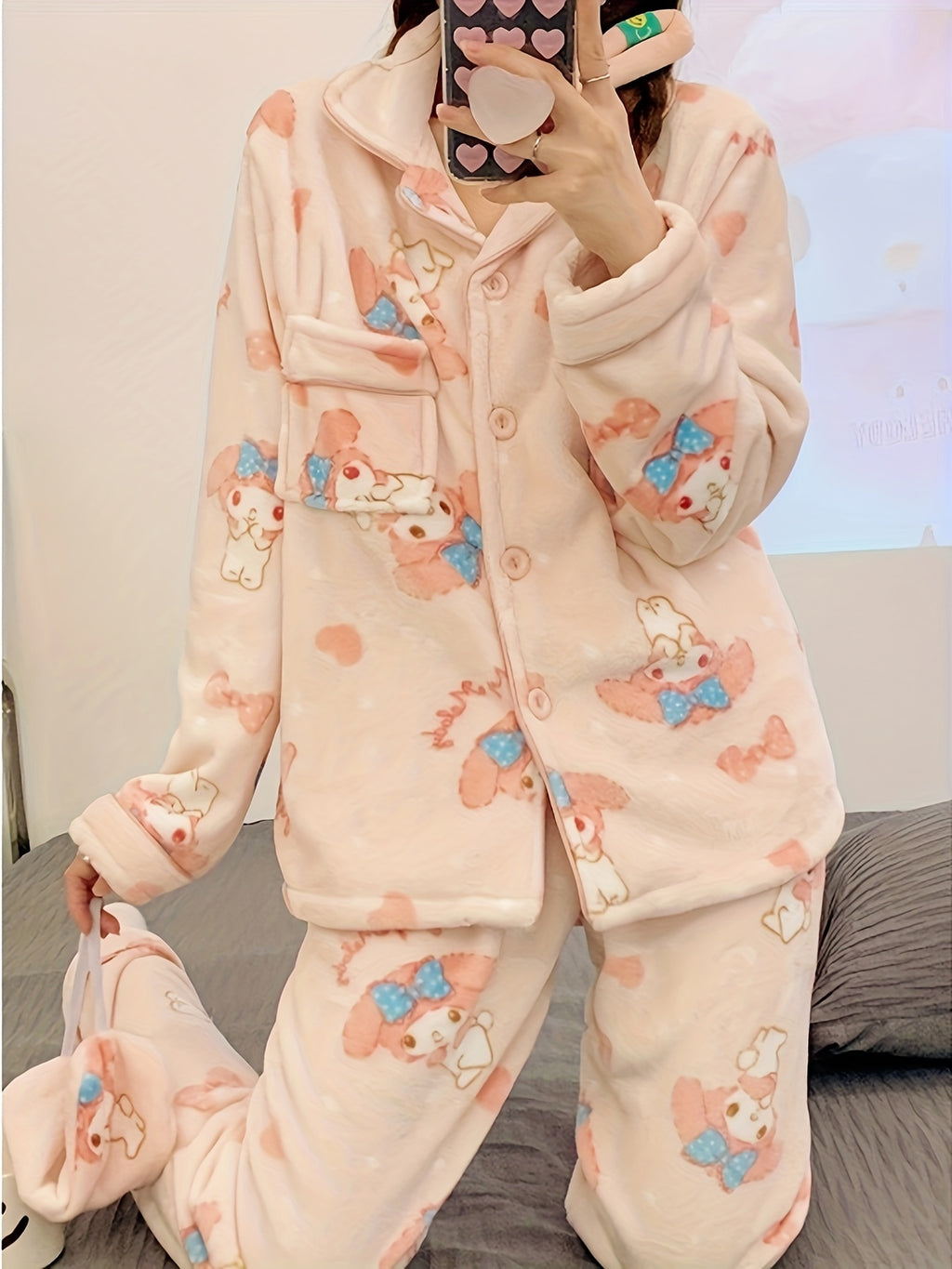 Sanrio Cute Pajamas Set Hello Kitty, Kuromi, Cinnamoroll, My Melody, Pochacco, Thick Coral Fleece Comfortable Cute Pajamas, Comfortable Home Clothes