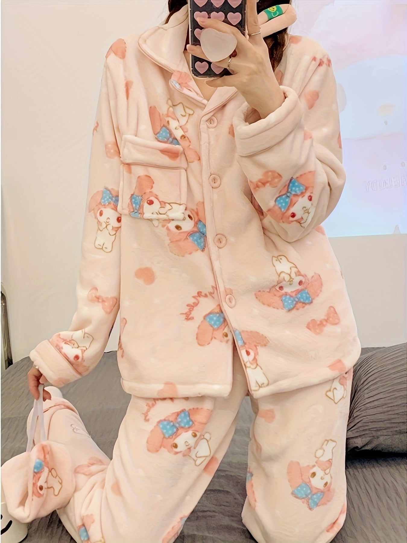 Sanrio Cute Pajamas Set Hello Kitty, Kuromi, Cinnamoroll, My Melody, Pochacco, Thick Coral Fleece Comfortable Cute Pajamas, Comfortable Home Clothes