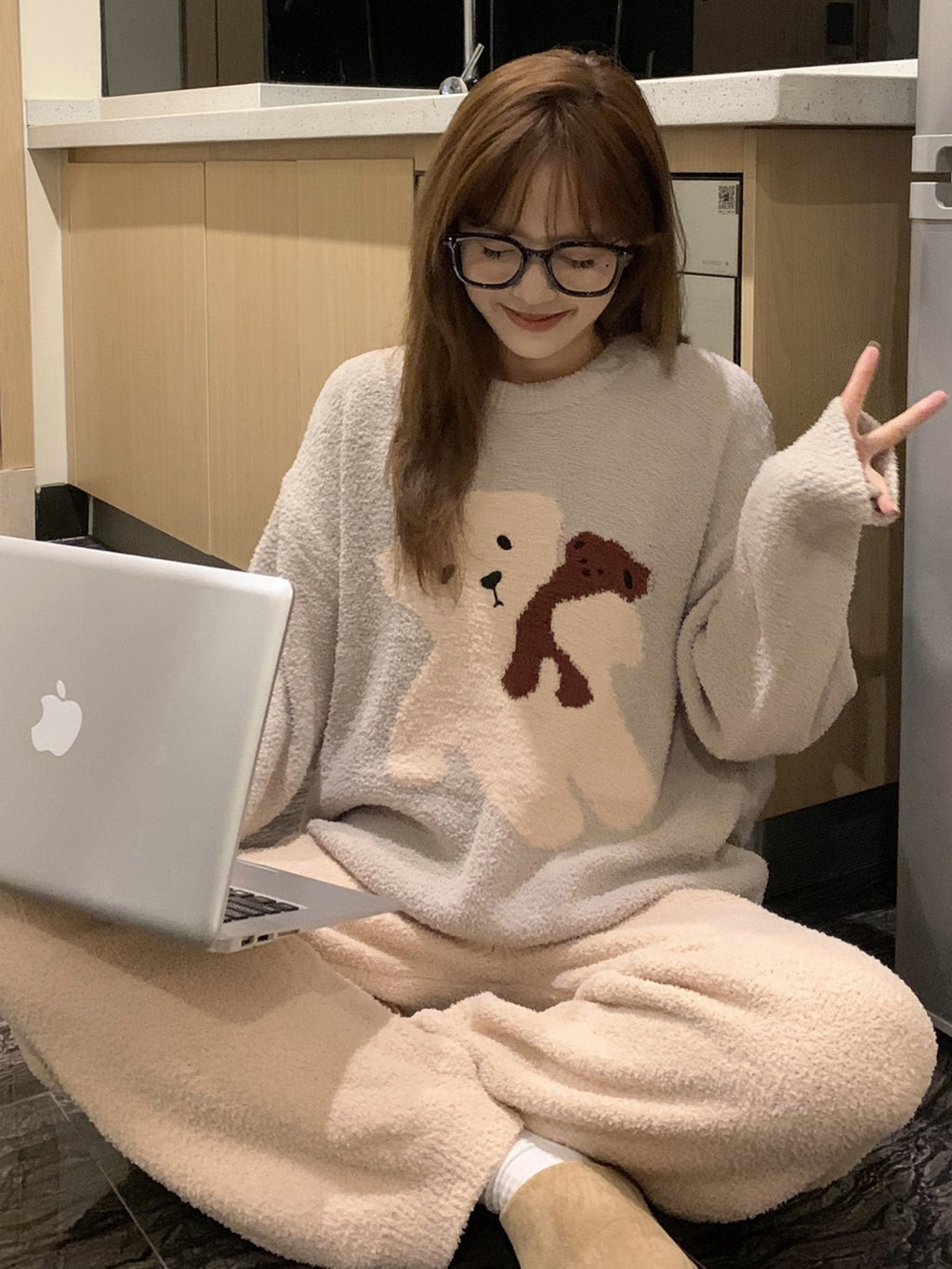 Women'S Winter Bear Pajama Set, Comfortable Half-Pile Coral Fleece Lounge Outfit