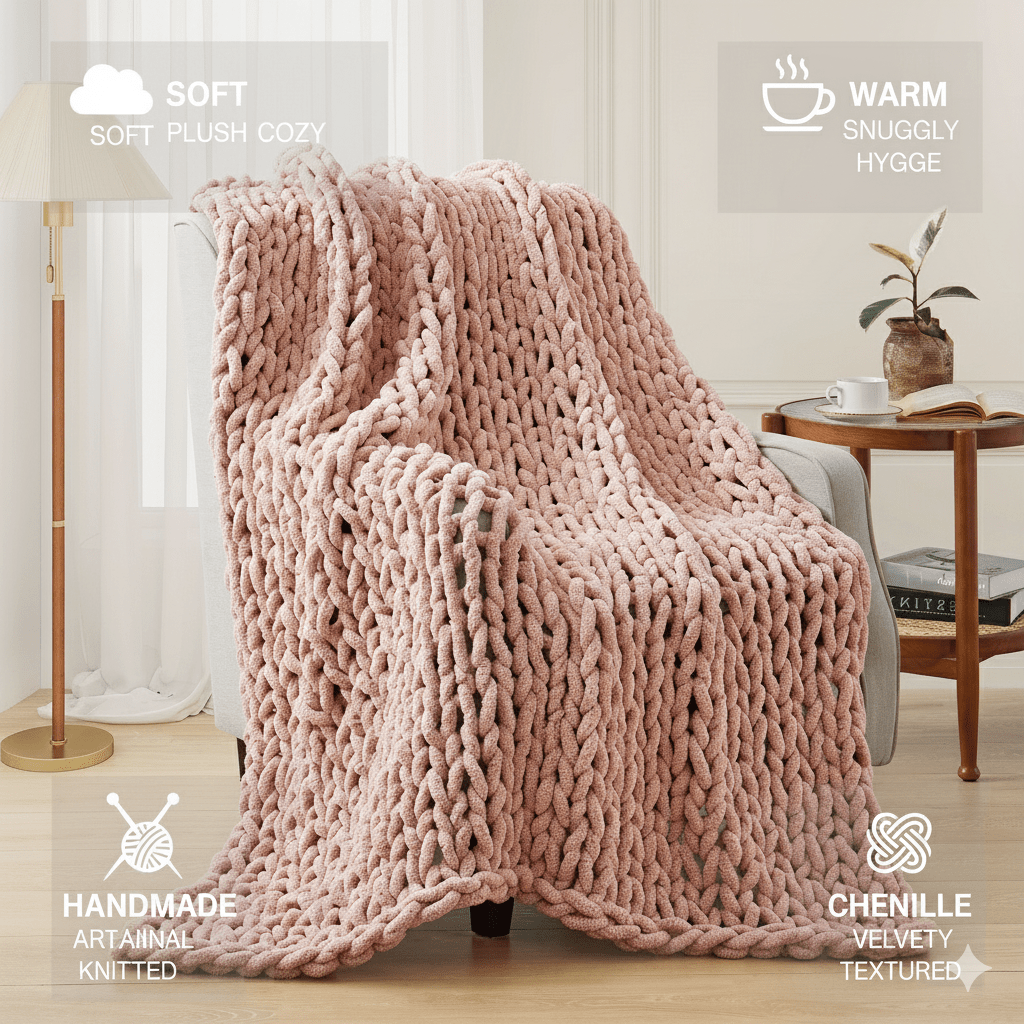 50*60inch Chunky Knitted Blanket, 100% Hand Woven Soft Chenille Blanket Handmade Thick Thread Knitted Crochet Blanket Sofa Home Decoration, Large Knot Blanket Farmhouse Blanket