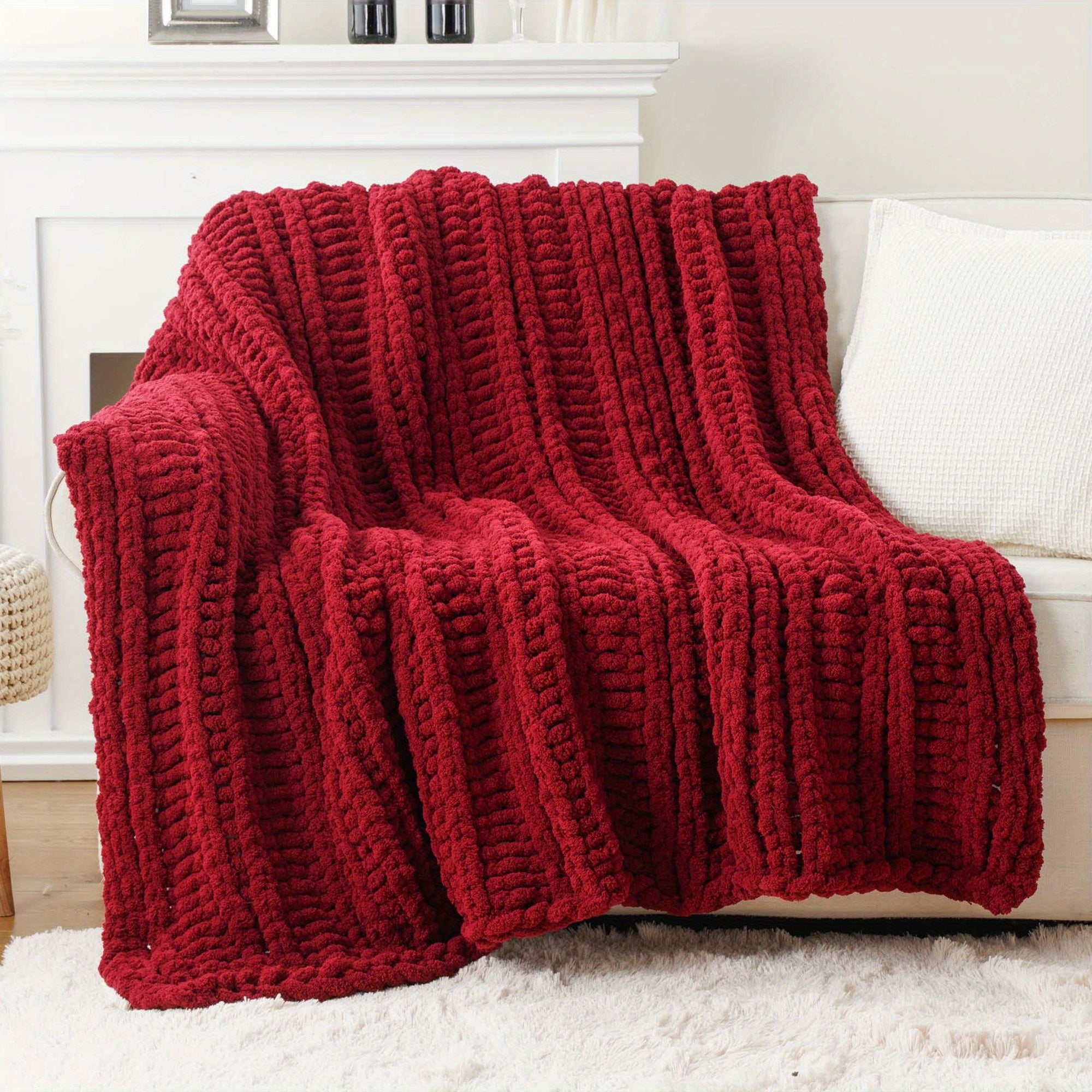 Caramel Rust Chunky Throw Blanket, Handmade Cable Crochet Blanket for Couch, Fall Orange Chenille Blanket Throw for Fall Decor, Super Soft Thick Textured Blankets, 50\