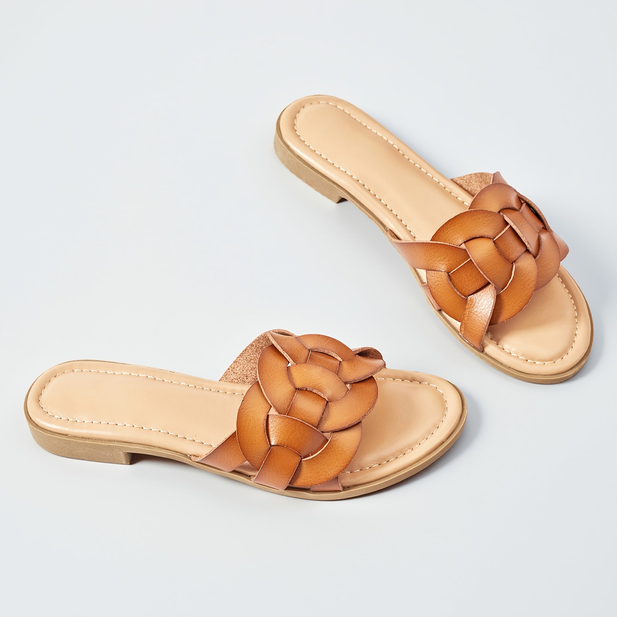 Women's Braided Flat Slide Sandals - Chic Round Toe Cover Strap, Easy Slip-On Rubber Sole Summer Shoes., Women Shoes