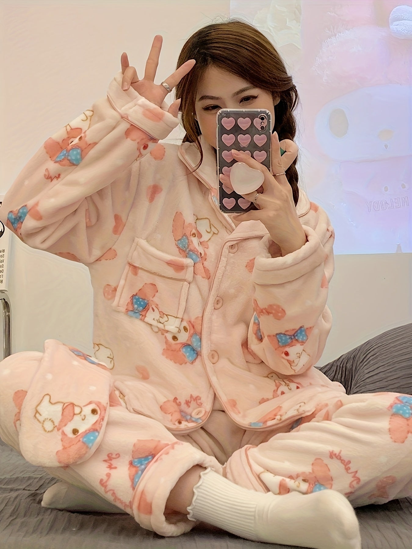 Sanrio Cute Pajamas Set Hello Kitty, Kuromi, Cinnamoroll, My Melody, Pochacco, Thick Coral Fleece Comfortable Cute Pajamas, Comfortable Home Clothes