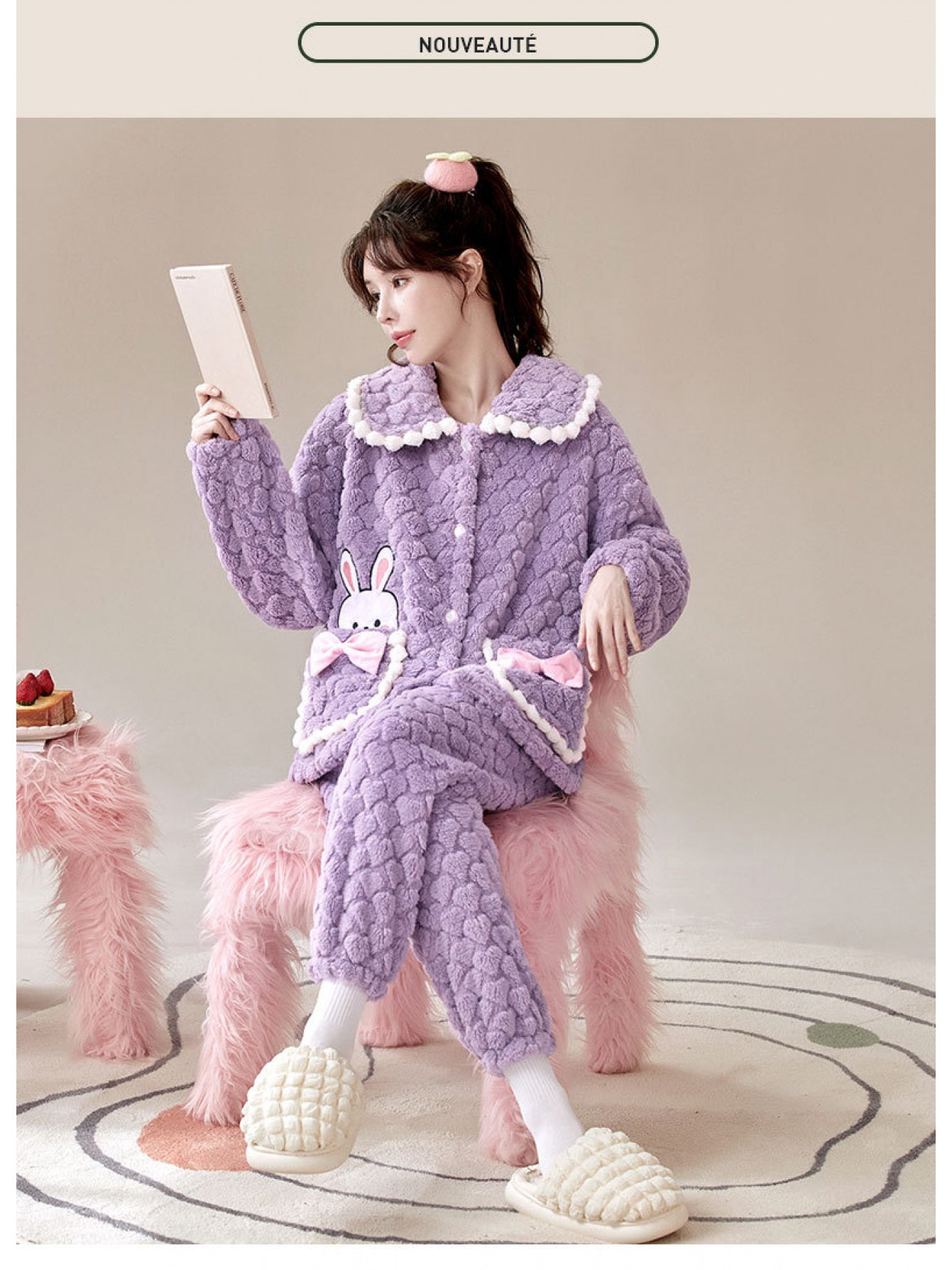 2025 New Thick Coral Fleece Pajamas for Women, Perfect for Autumn And Winter, Featuring a Cute Bunny Design for Cozy Home Wear