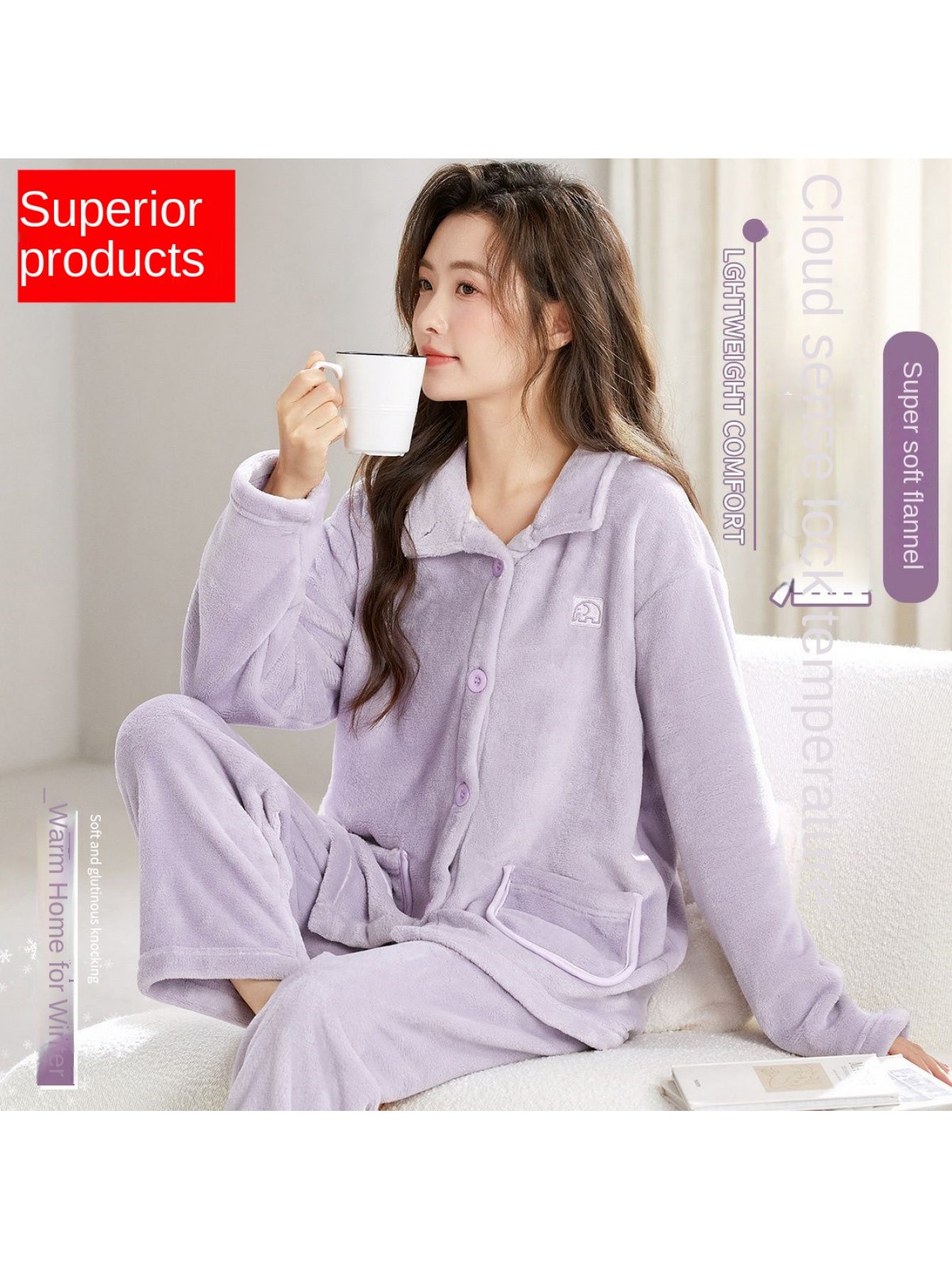 2025 Women'S Coral Fleece Pajamas, Suitable for Autumn And Winter, Thick And Lined with Fleece, Cozy Flannel, Milky White Winter Loungewear