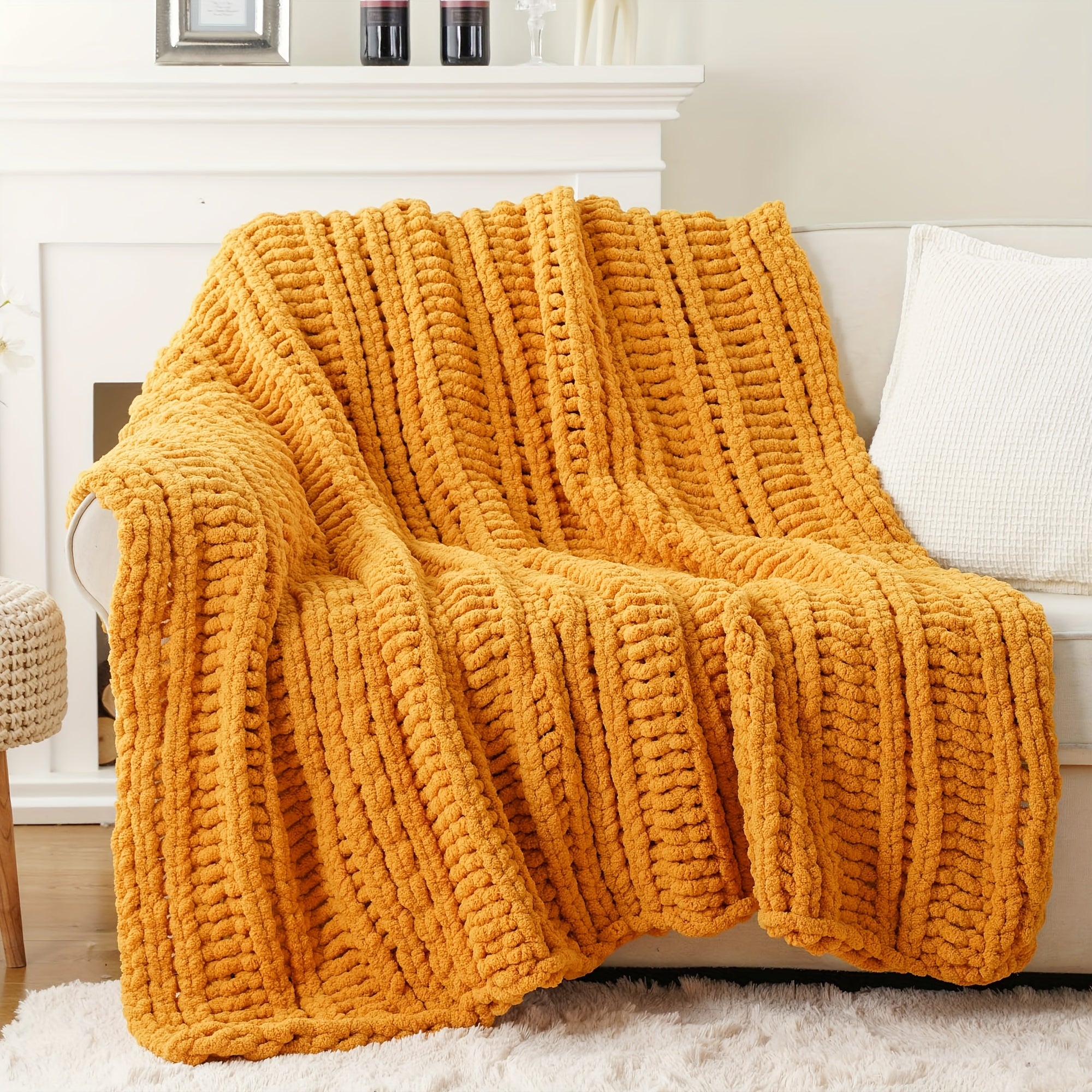 Caramel Rust Chunky Throw Blanket, Handmade Cable Crochet Blanket for Couch, Fall Orange Chenille Blanket Throw for Fall Decor, Super Soft Thick Textured Blankets, 50\