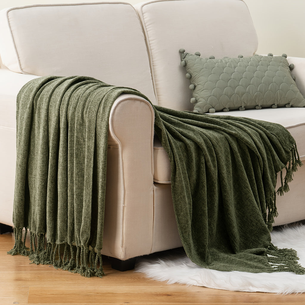 Extra Large Olive Green Chenille Throw Blanket - Luxury Soft & Cozy Fringe Tassel Edge, All-Season Couch Bedspread - Elegant Modern Home Decor in Olive Green